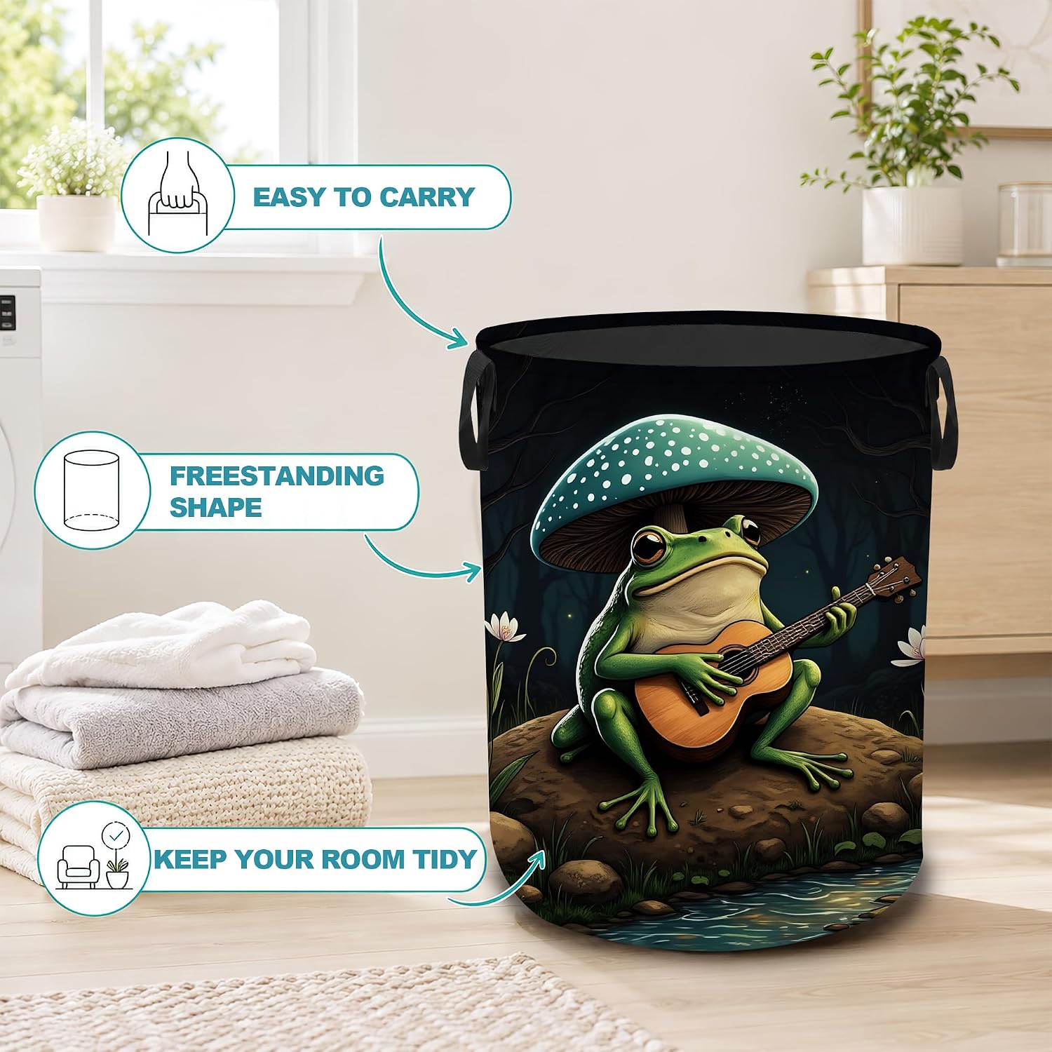 Frog Guitar Dirty Clothes Hamper,Foldable Laundry Basket with Handles,Mushroom Forest Waterproof Oxford Cloth Storage Bin for Bedroom Bathroom Nursery,16 x 20 Inch image 3