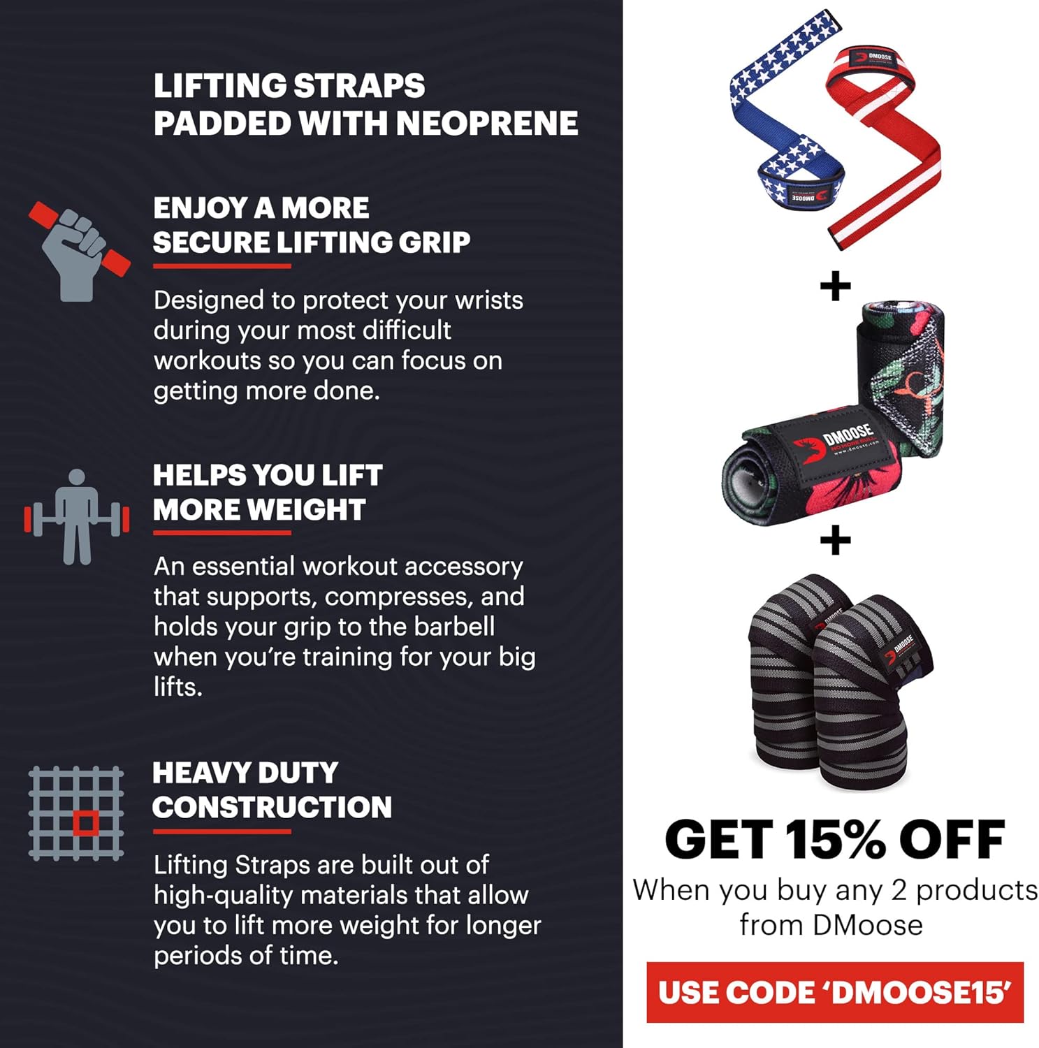 DMoose Lifting Straps, 24 inch (Pair) Wrist Straps for Weightlifting, Deadlift, Powerlifting, Bodybuilding Gym Workout, Neoprene Padded Support Cotton Straps for Max Hand Grip Strength Training : Sports & Outdoors