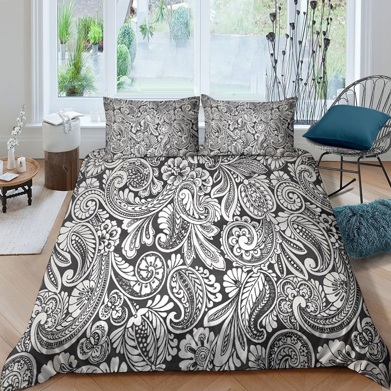 GPLZQXKJNH 3D Printed Paisley Floral Duvet Cover Microfiber Soft Breathable Baroque Bedding Set with 2 Pillowcases for Bedroom Décor Single（135x200cm）