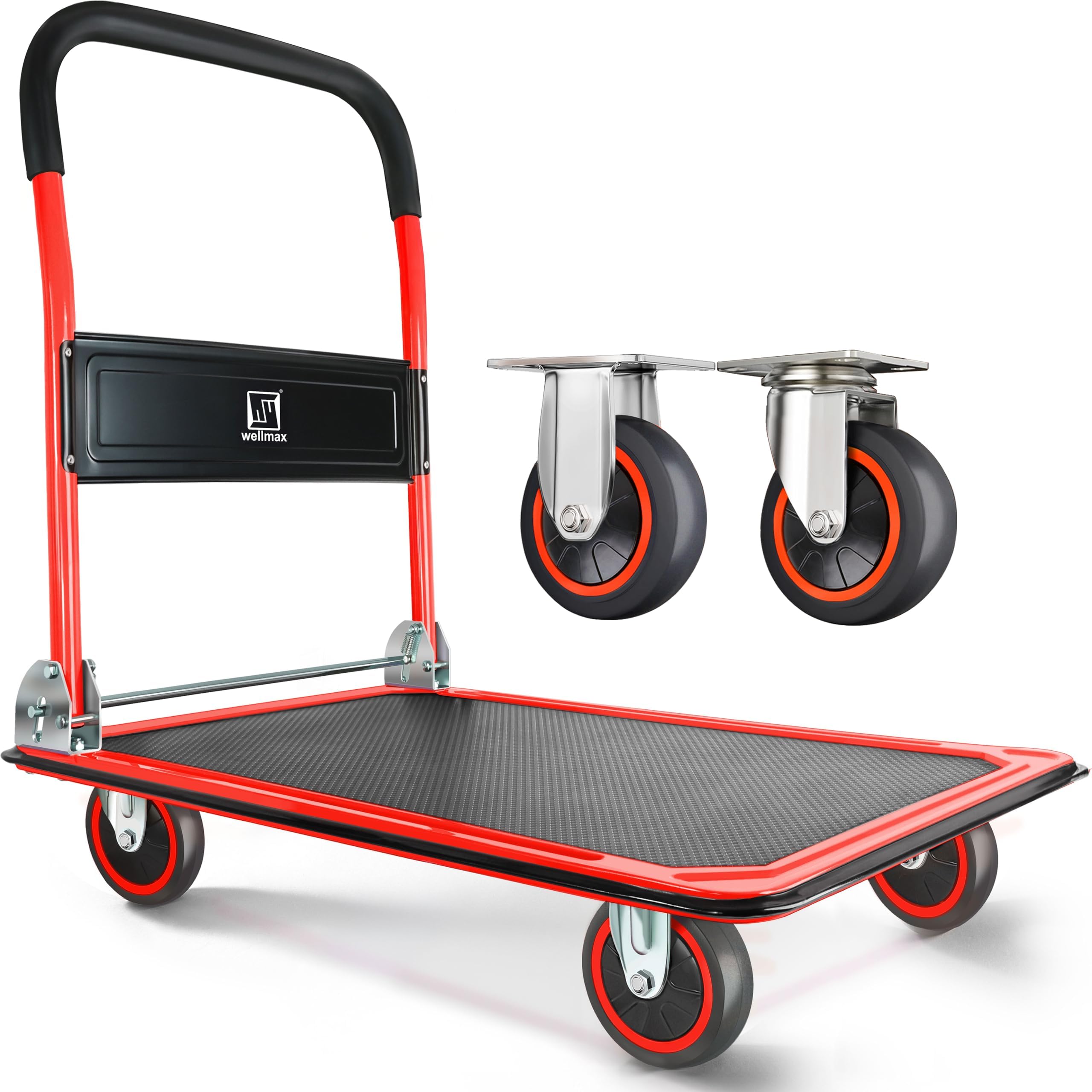 Push Cart Dolly by Wellmax, Moving Platform Hand Truck, Foldable for Easy Storage and 360 Degree Swivel Wheels with 330lb Weight Capacity, Red Color