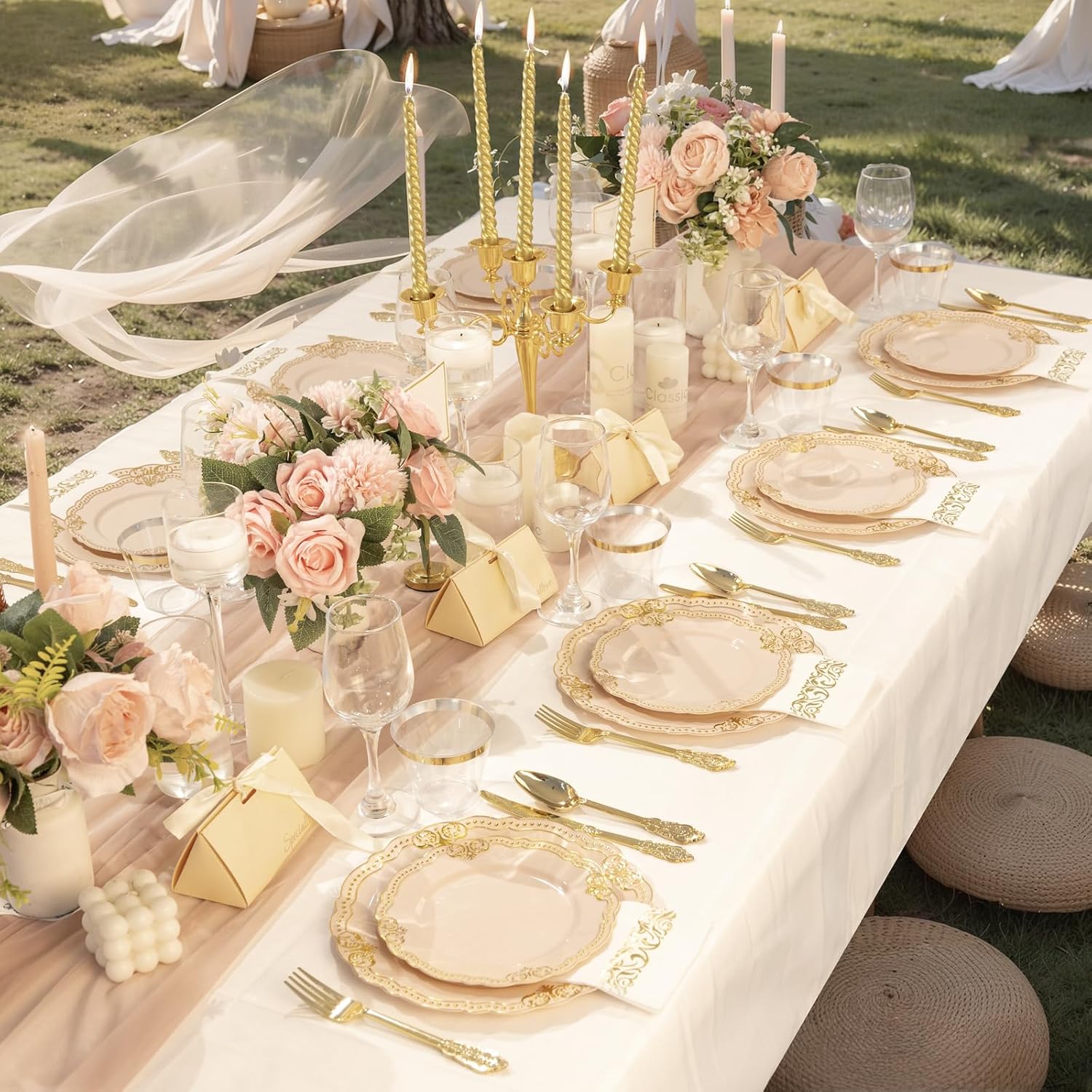 Ciaell 175 PCS Pink and Gold Plastic Plates - Fancy Gold Disposable Dinnerware Set with of 50 Plates, 25 Knives, 25 Forks, 25 Spoons, 25 Cups, 25 Napkins for Party & Weddings & Valentine's Day - Image 8