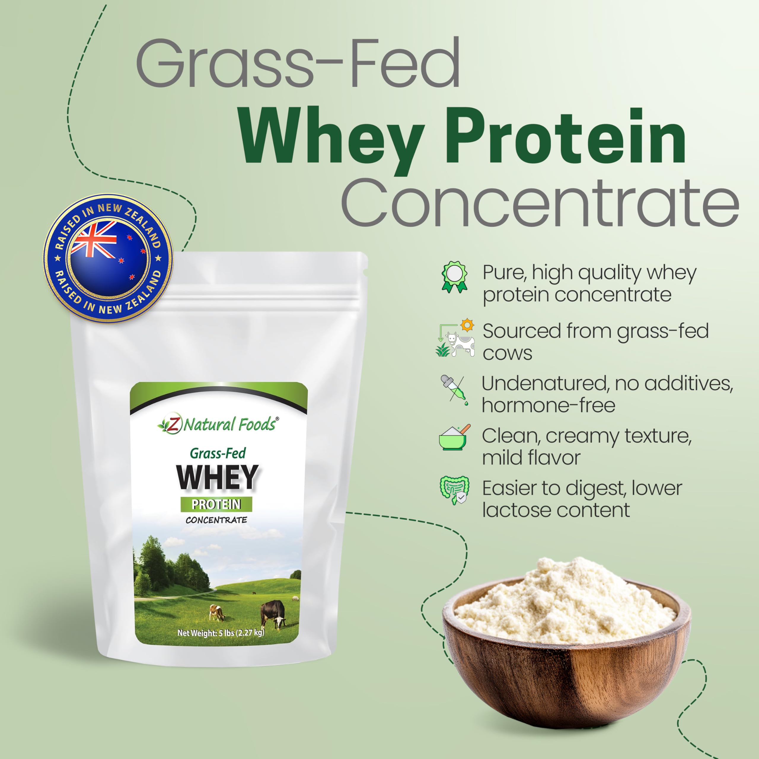 Z Natural Foods Grass-Fed Whey Protein Concentrate - Clean Whey Protein Powder from New Zealand - Cold Processed Pure Whey Protein with Essential Amino Acids for Nutrition & Fitness, Unflavored, 5 lbs