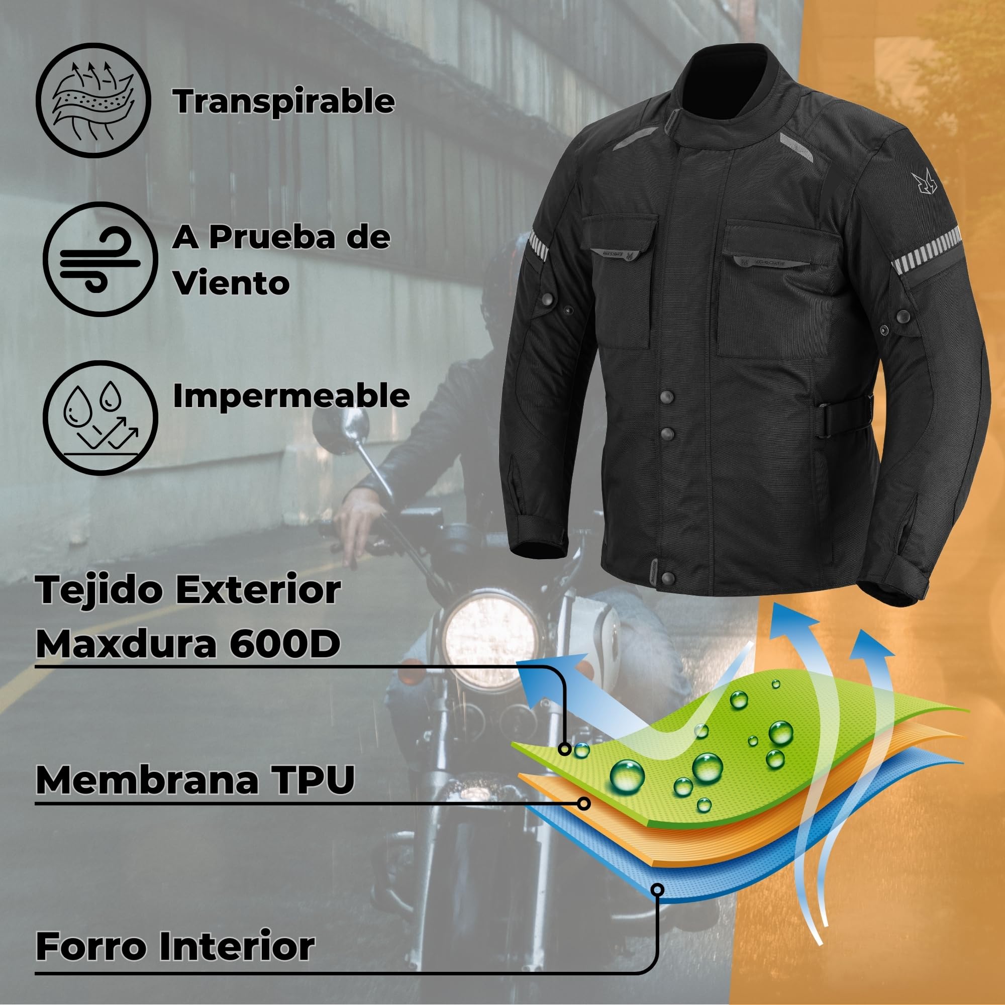 Chaqueta Moto Mujer 4 Estaciones Impermeable con Protecciones CE incluídas y Forro Extraíble