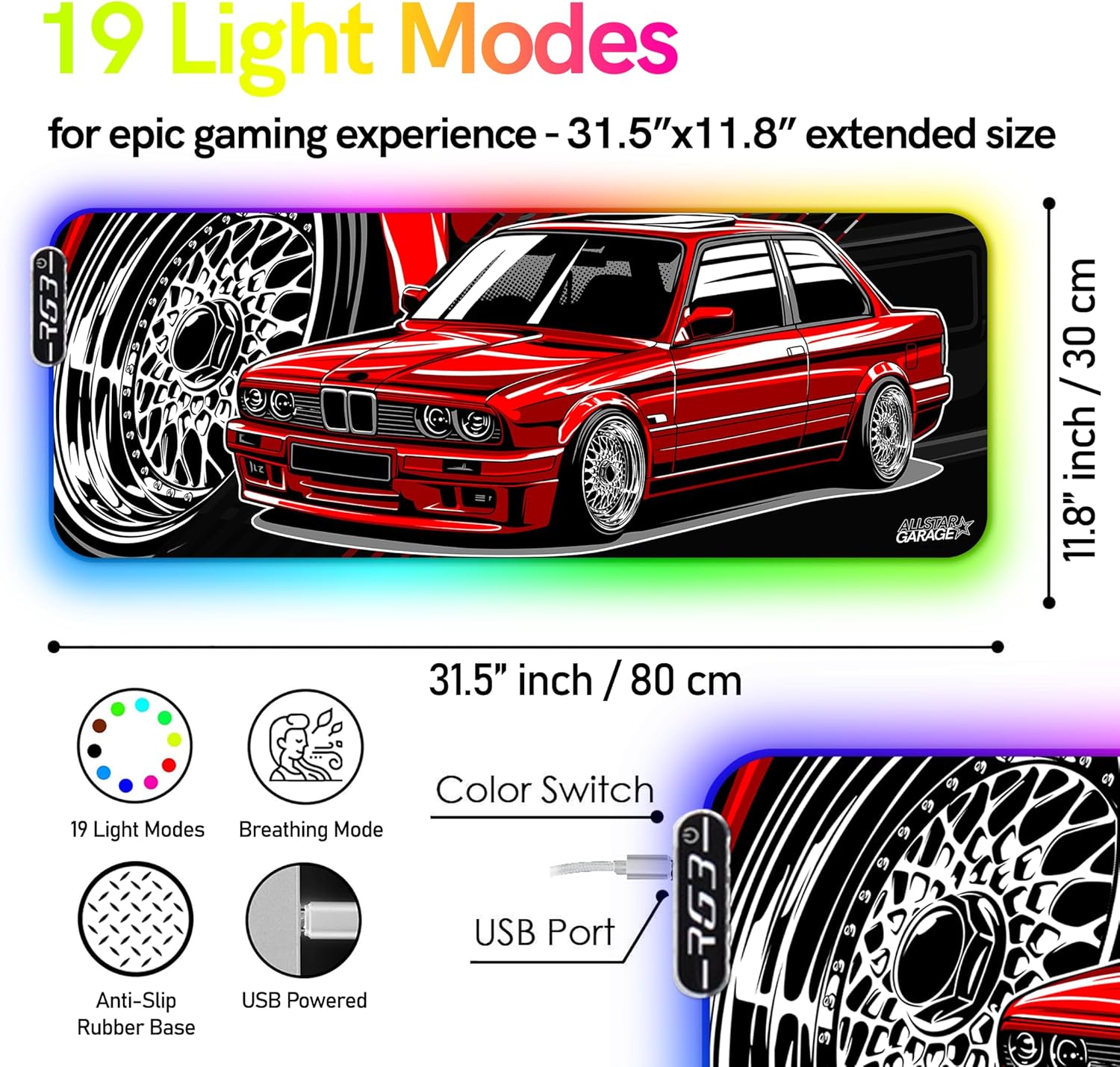 RGB Gaming Mouse Pad Extended, Large led Mousepads Non-Slip Rubber Base with 19 Lighting Modes, Computer Keyboard Mat Soft Desk pad 31.5 x 11.8 inches, e30 m3 Bimmer car Mousepad