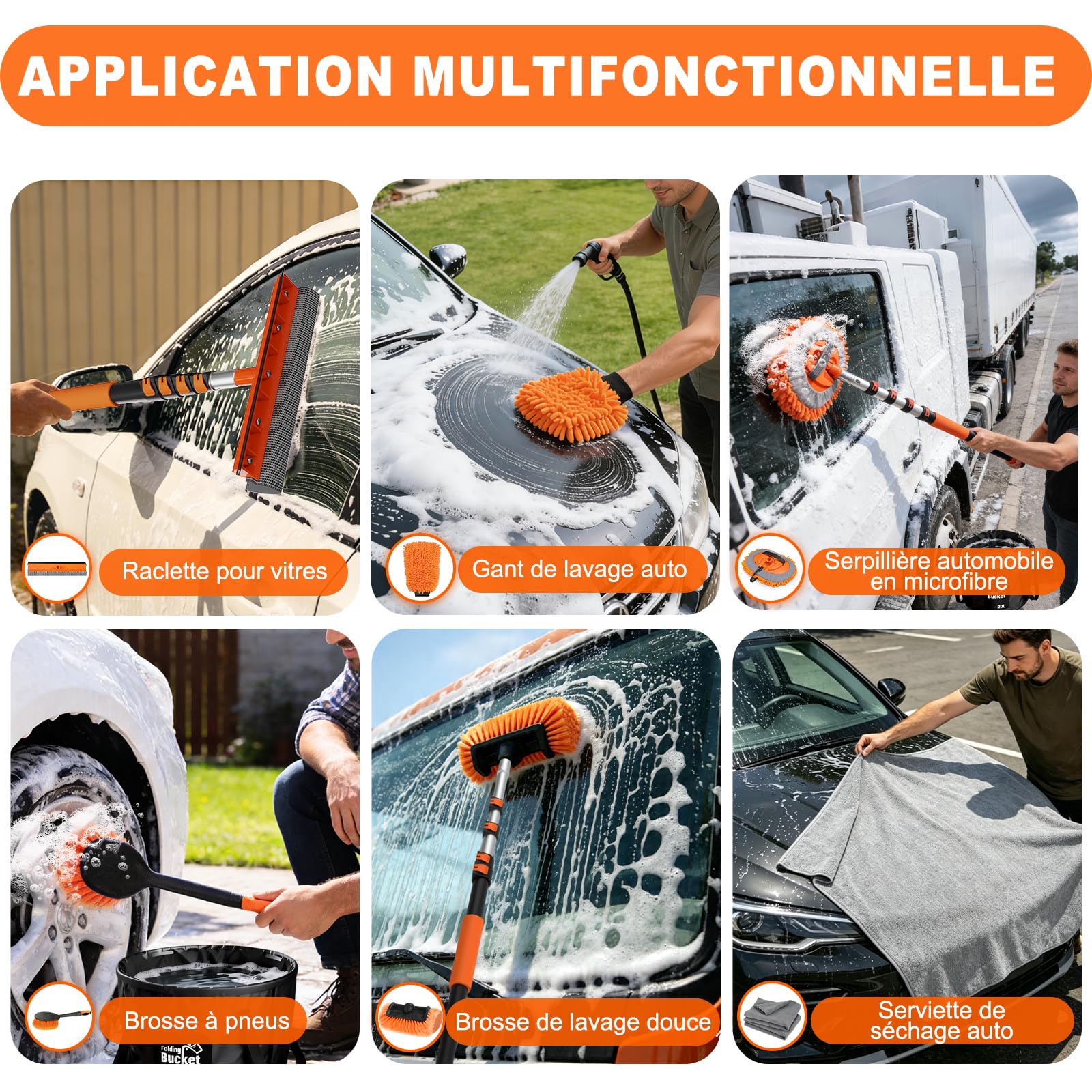 SISUPASSIE Kit de Nettoyage Voiture 3,6 m, Brosse Nettoyage Voiture Télescopique, Raclette Vitre, Serpillière Microfibre, Brosse à Jantes, Gant de Lavage, Idéal pour Camion, Camping-Car, Bateau