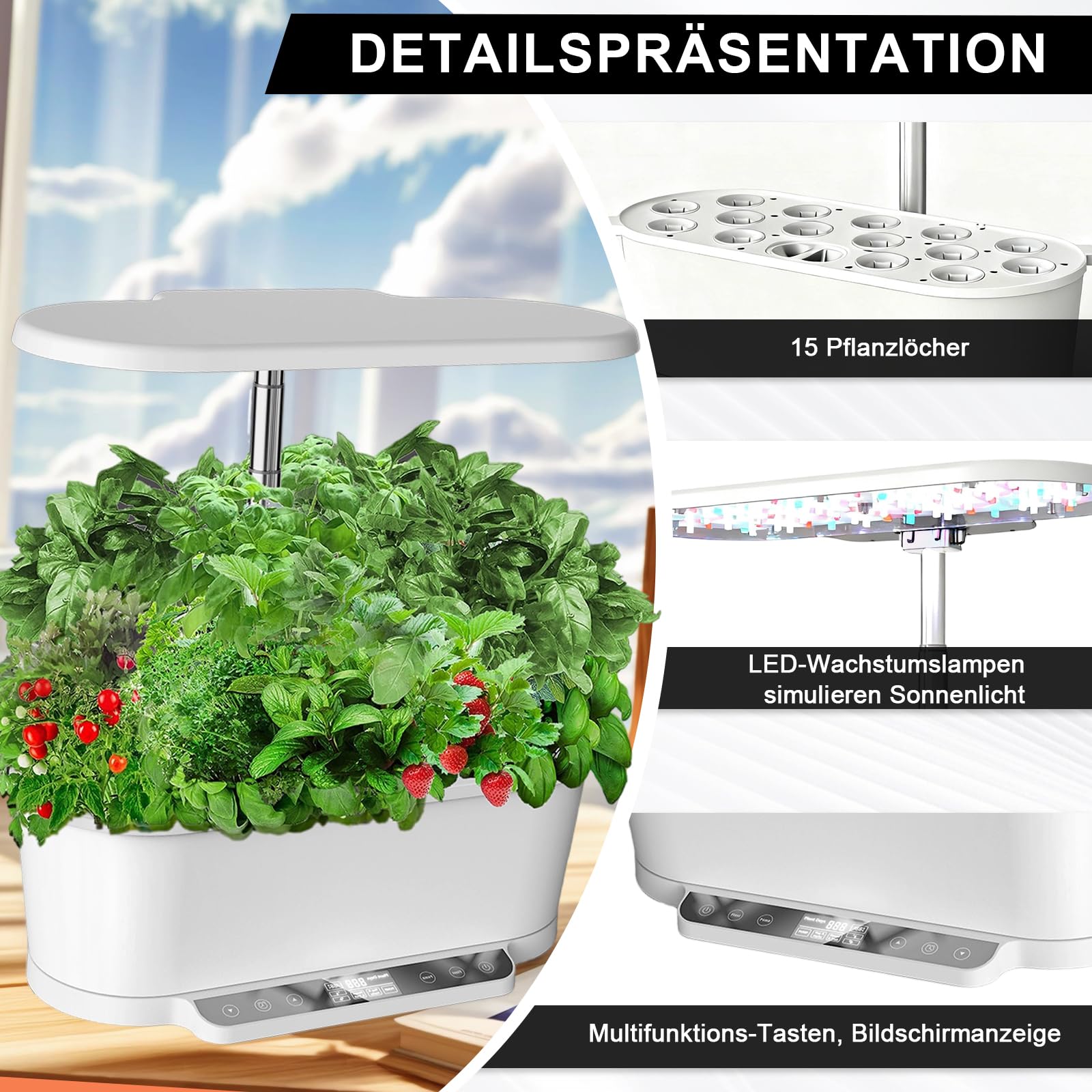 Kit de culture hydroponique Wi-Fi et application - 15 trous de plantation - Système d'éclairage LED de 36 W et écran LCD - Réservoir d'eau de 6 litres - Hauteur réglable - Femme