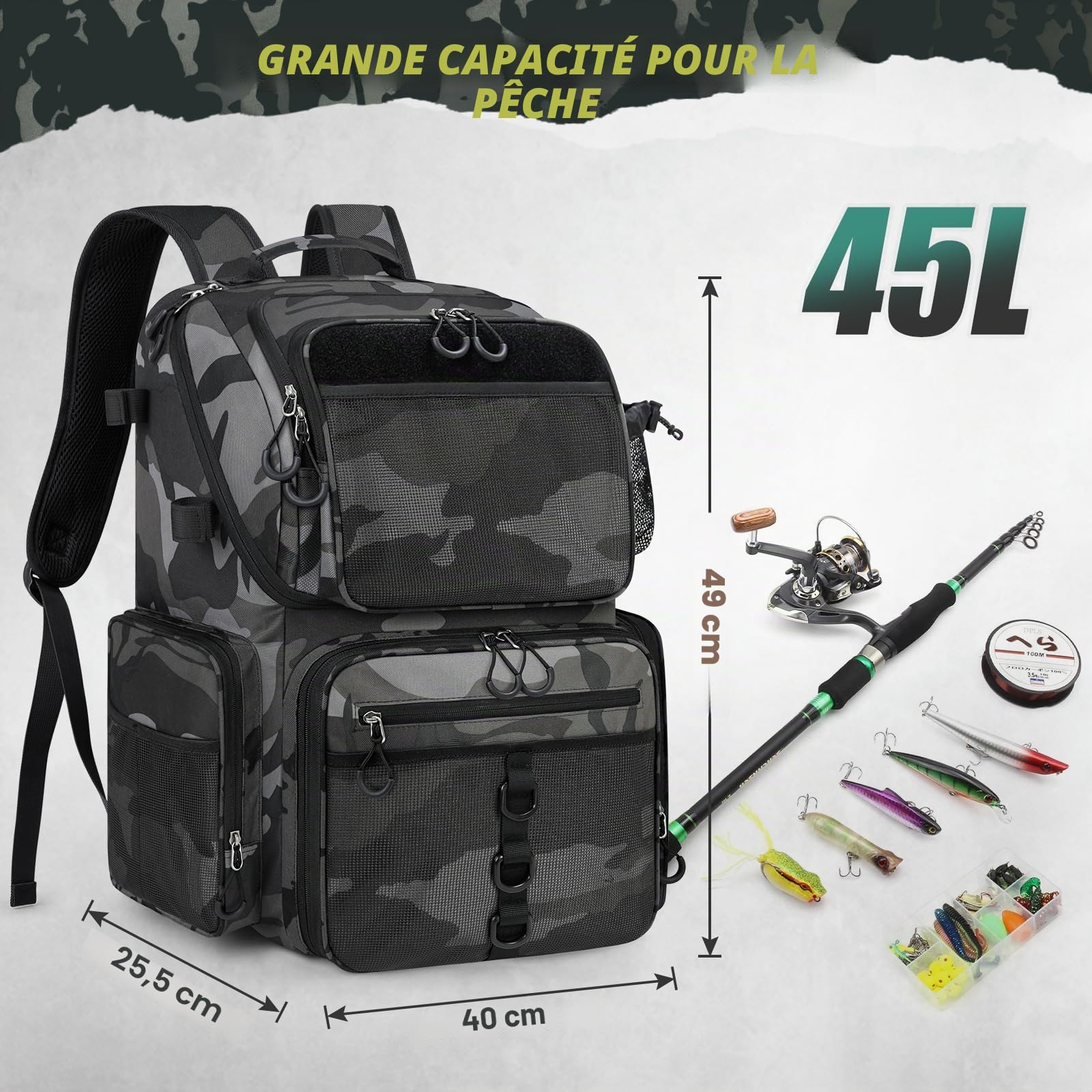 RAINSMORE Sac à Dos de Pêche 45L Imperméable avec Porte-Canne et Housse de Pluie, Grand Sac de Rangement pour Matériel de Pêche, Cadeaux de Pêche pour Hommes, Camouflage