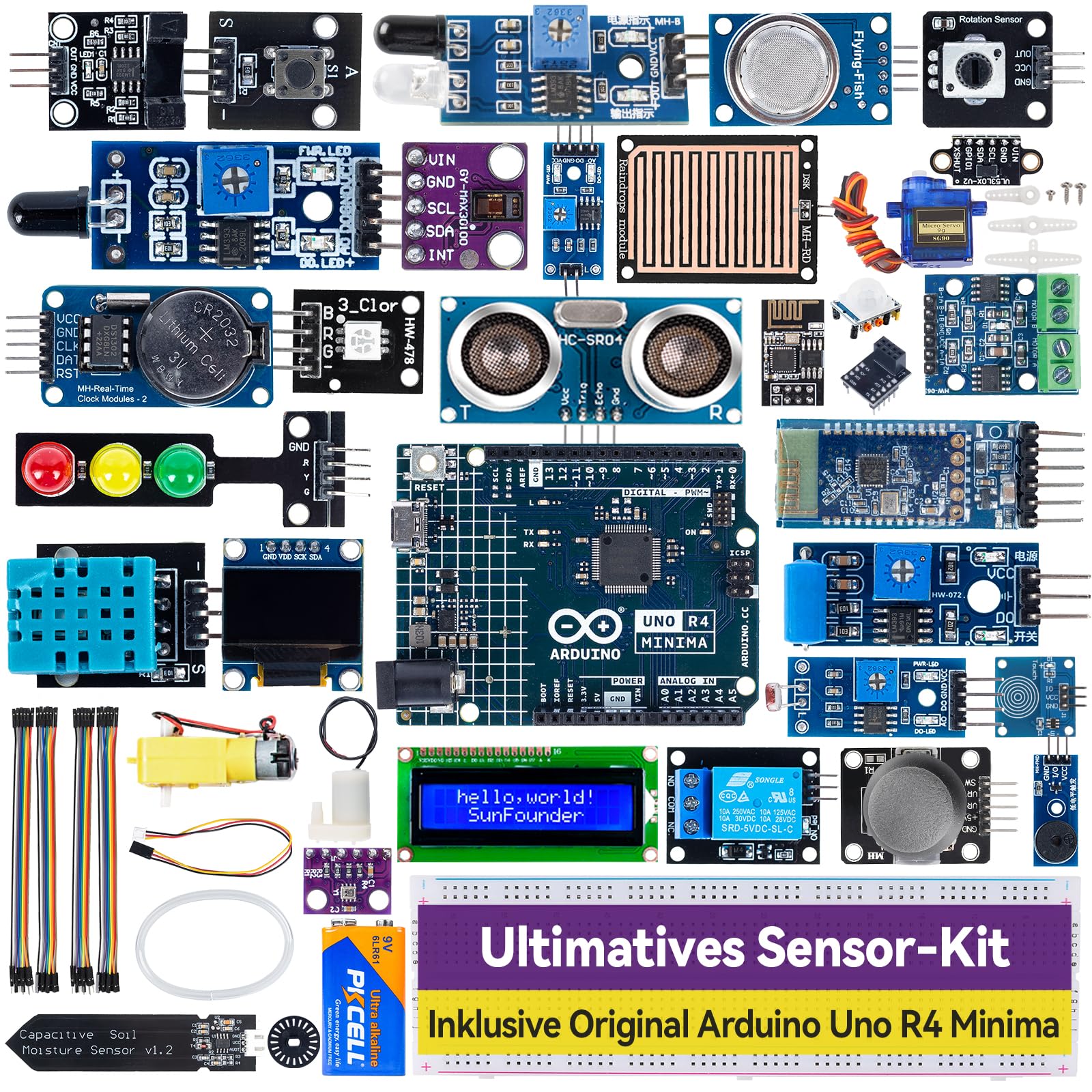 SUNFOUNDER Ultimate Sensor Kit with Original Arduino UNO R4 Minima, Smart IoT & Basic Sensor Projects with Online Tutorials, Suitable for Age 8+ Beginners (Original Arduino UNO R4 Minima Included)