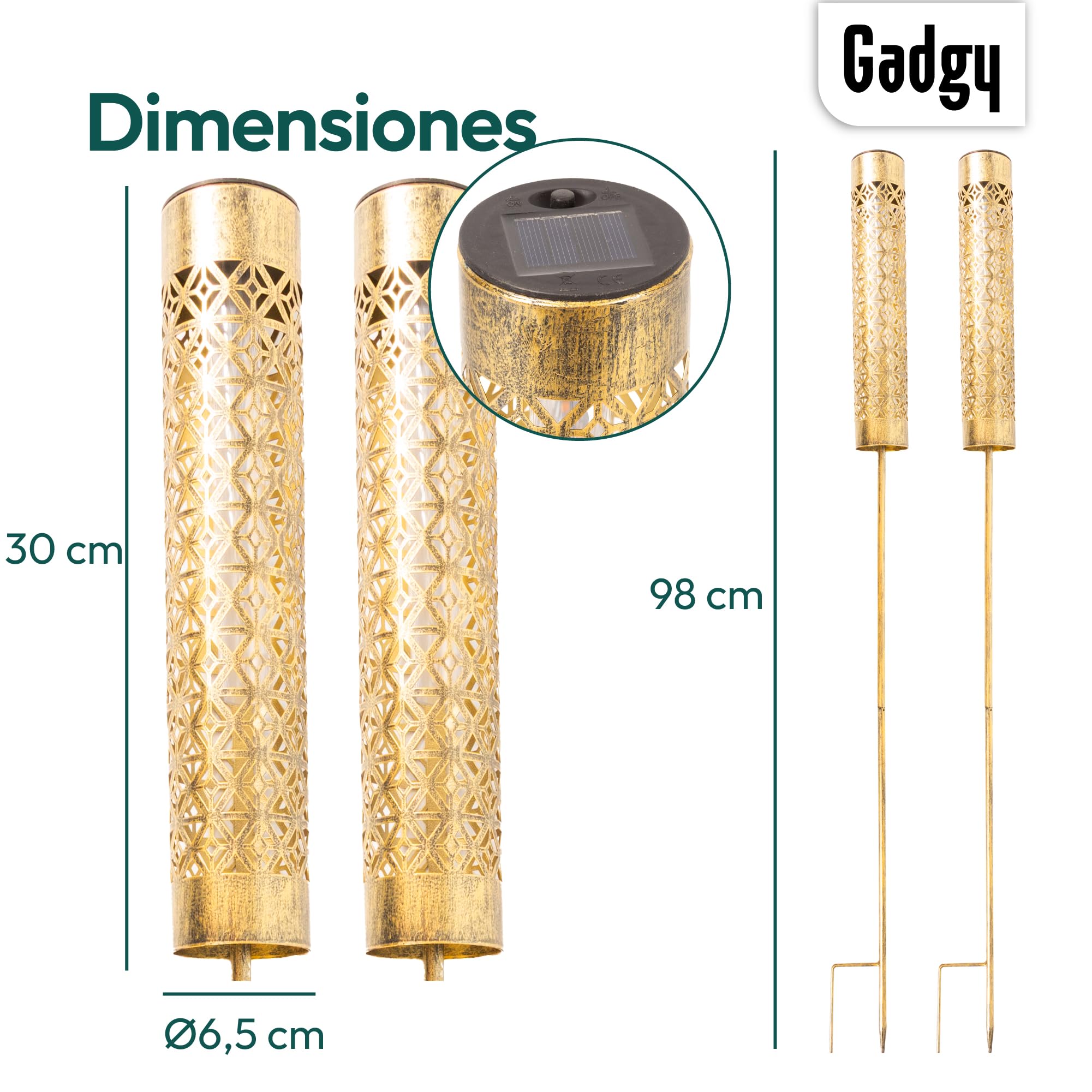 Gadgy Antorchas Solares LED con Efecto Llama en Movimiento – Set de 2 Luces Solares de Jardín de Metal – Iluminación Solar para Exterior, Jardín, Terraza o Balcón