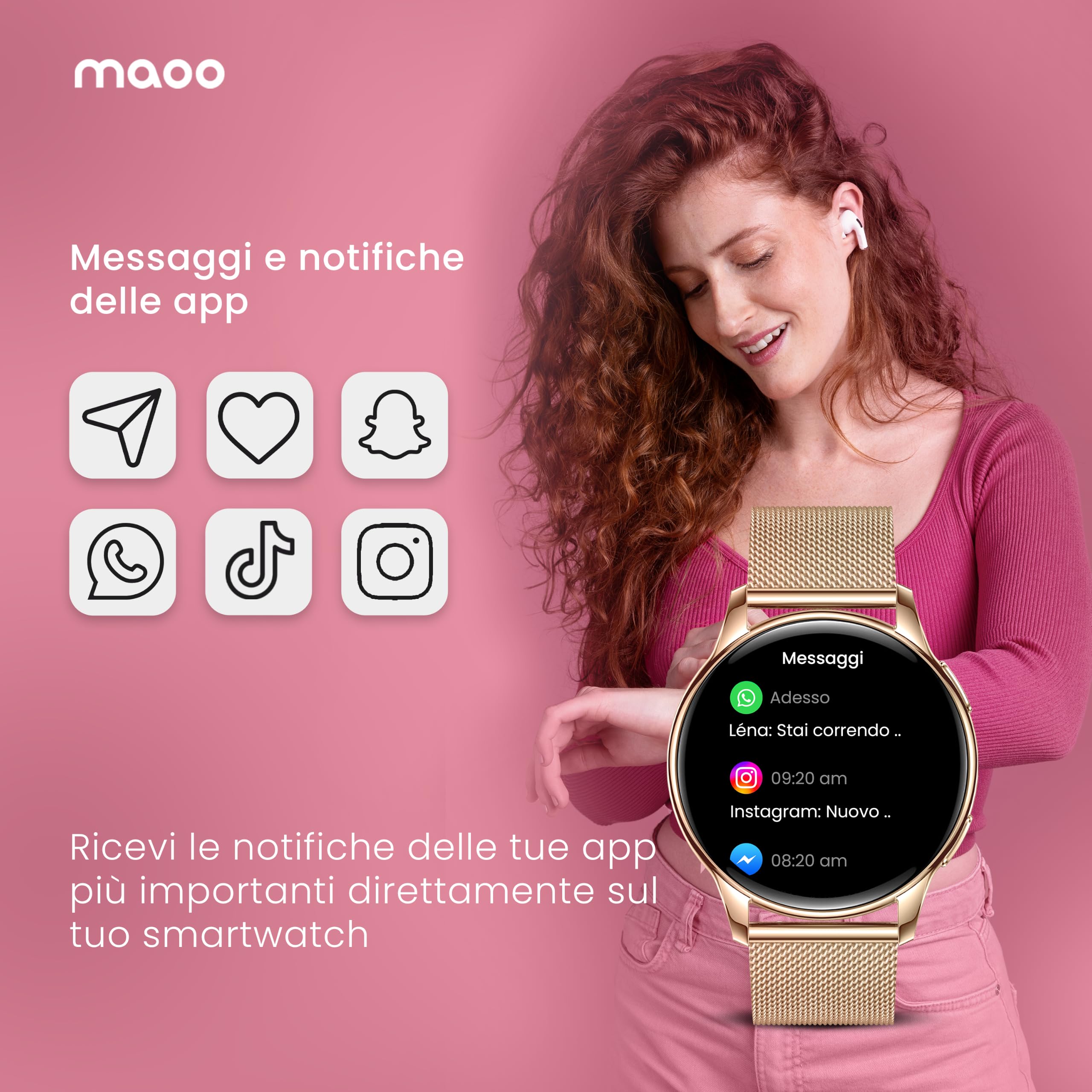 Maoo Ventura Smartwatch Donna con Chiamate, Display AMOLED 1,32”, Cardiofrequenzimetro, SpO₂, Pressione Sanguigna, 100+ Modalità Sportive, IP67, 5 Cinturini, Oro Rosa