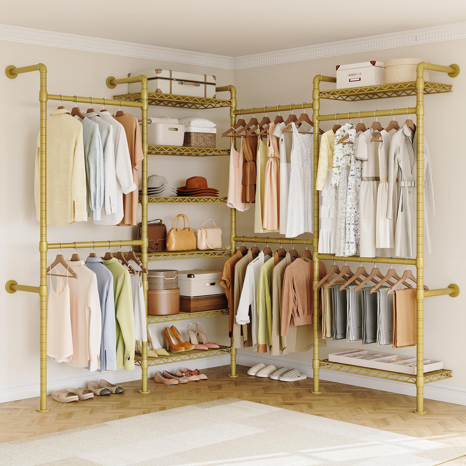 ONBRILL L4 Wall Mounted Industrial Pipe Clothing Rack Closet Organizer System with 6 Hanging Clothes Rods 4 Expandable