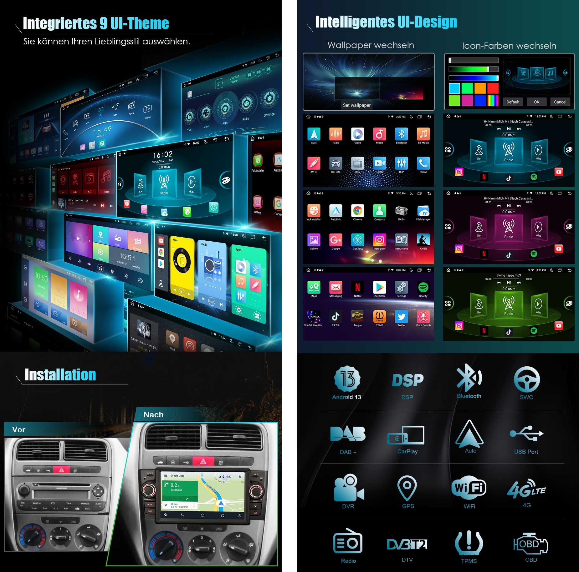 Erisin 7 Pollici 8-Core Android 14 Autoradio Navigatore GPS per Fiat Punto Fiat Linea, Supporto Schermo tattile IPS Wireless CarPlay Android Auto Bluetooth DSP DAB+ WiFi 4G LTE OBD2 4GB+64GB