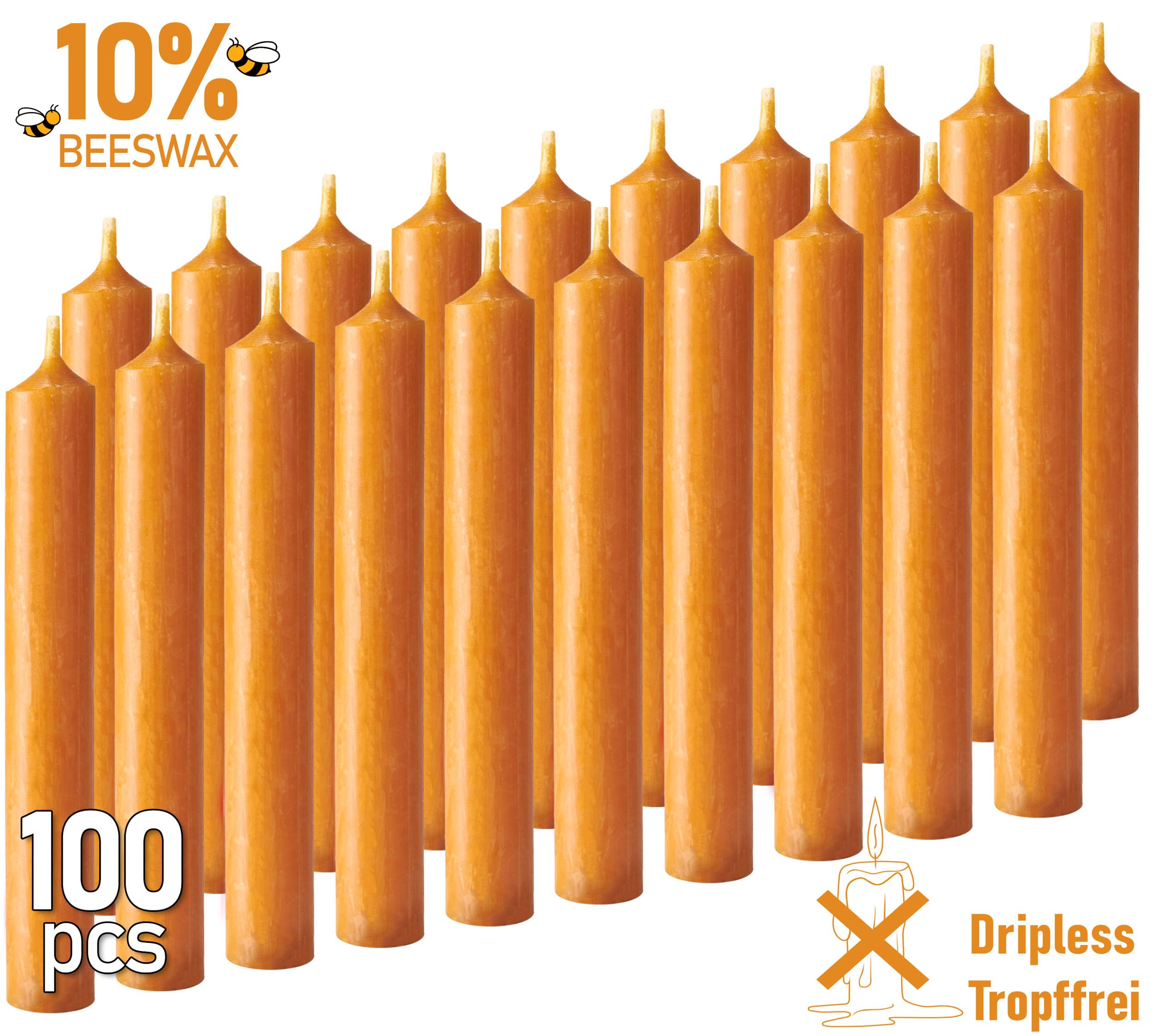 BRUBAKER Caja de 100 Velas - 10% de Cera de Abeja - Cónicas de 9,5 cm para Cumpleaños o Decoración de Fiestas con un Diámetro de 1,25 cm - Velas Piramidales con Aroma a Miel