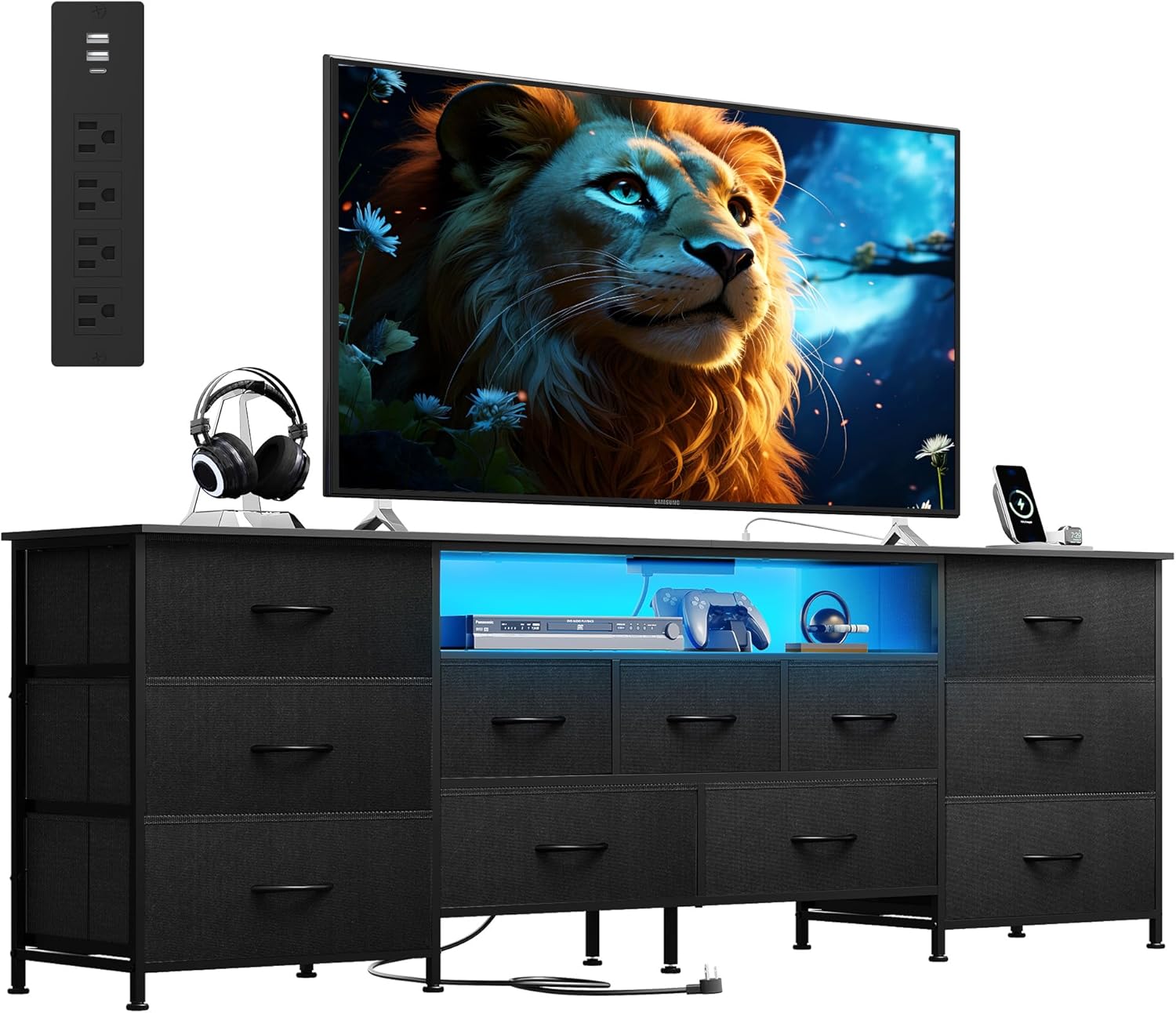 WLIVE 75.5" TV Stand for 65, 75, 80, 85 Inch TV, Dresser for Bedroom with Power Outlets & LED Lights, 11 Drawer Fabric Dresser with Open Shelves, Entertainment Center with Storage, Black