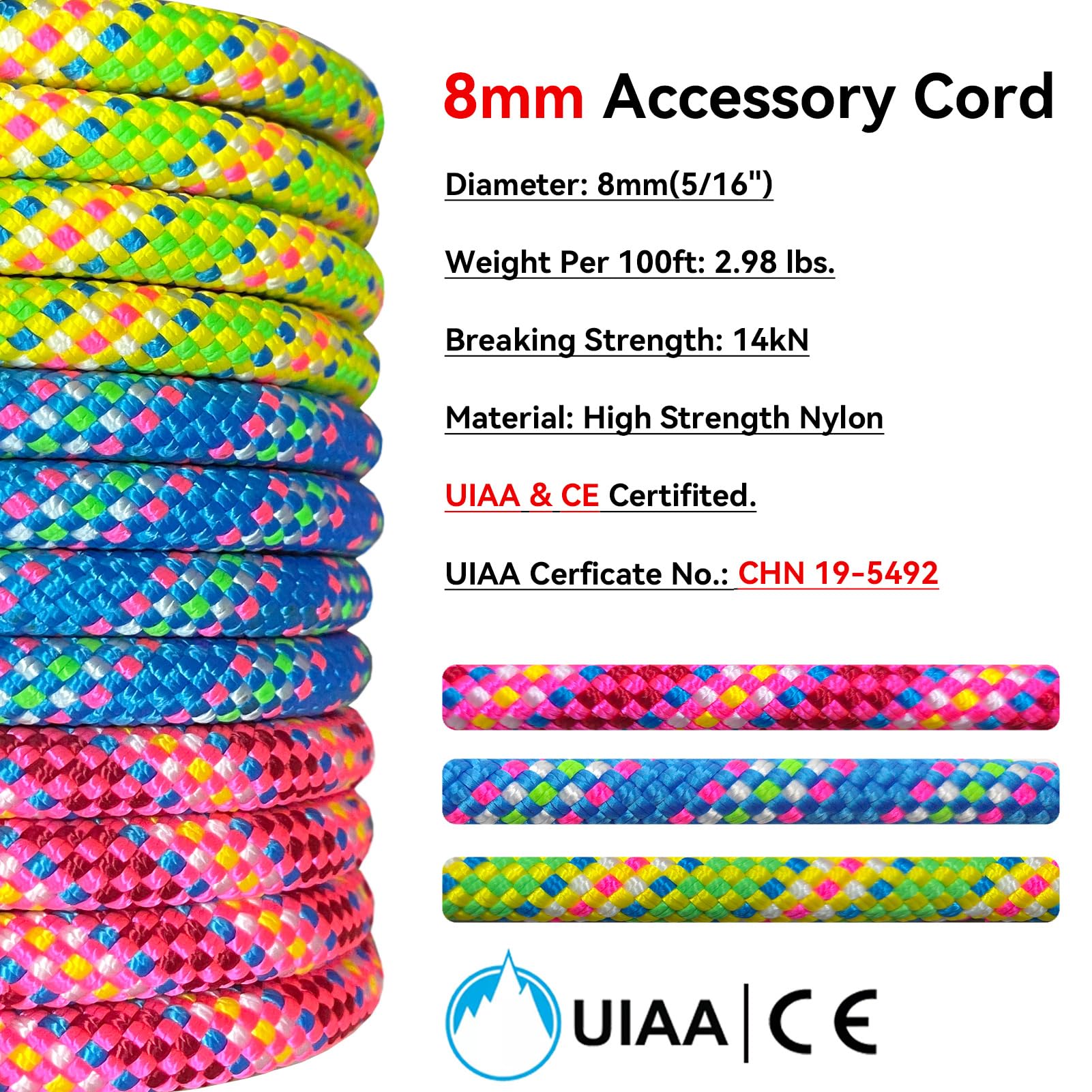 BlazeBeam 8mm Accessory Cord 15M (50ft) UIAA Rock Climbing Rope 14Kn High Tensile Strength Rock Climbing Accessories Cord Double Braid Nylon Cord for Mountain Tree Climbing, Canyoneering,Fire Rescue