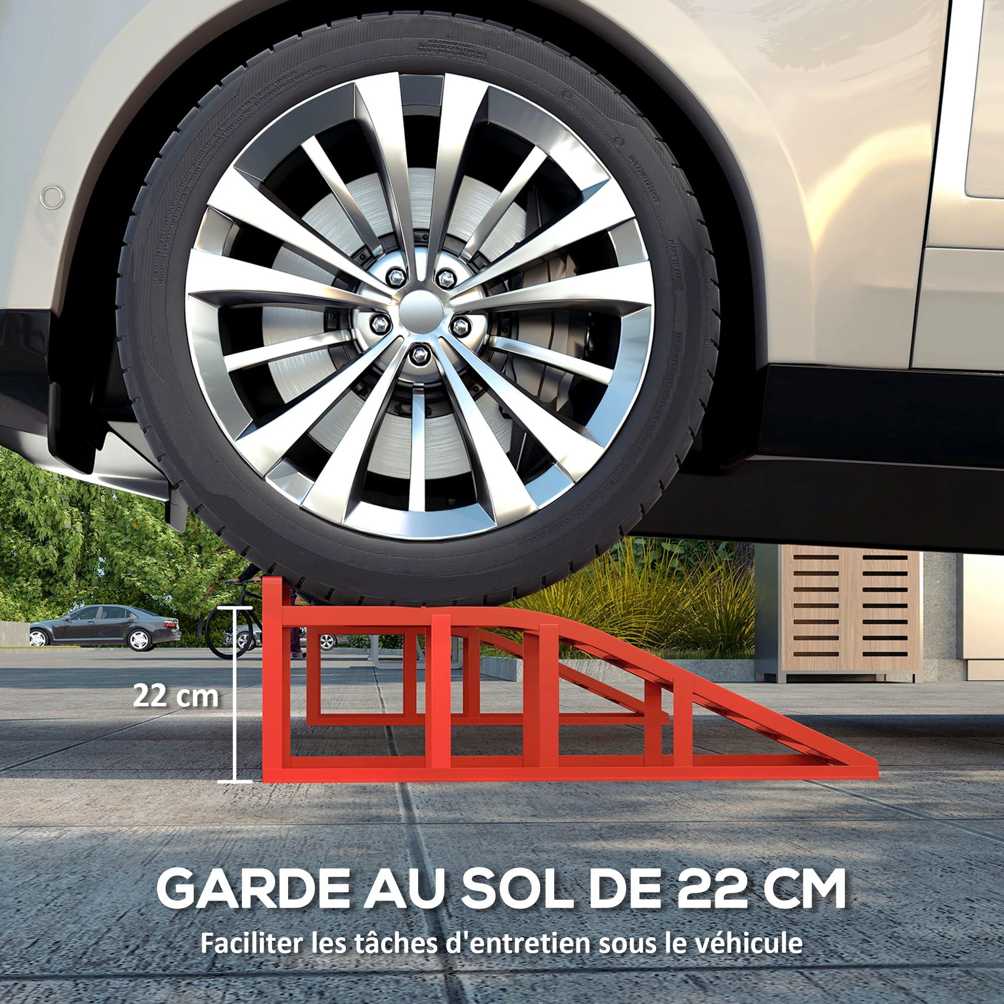 HOMCOM Juego de 2 rampas de acceso para coche, rampa de elevación de acero para coche, antideslizantes, para el mantenimiento y reparación de vehículos, para garaje, casa, taller, rojo