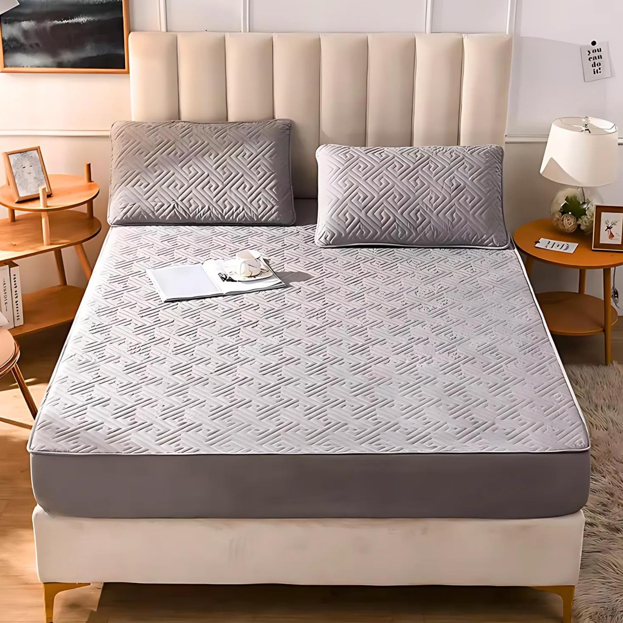HomeEssentials Feather Touch Bed Sheets - Premium Elastic Fitted Bedsheet with 2 Pillow Covers/Soft Fabric Bed Sheets/Fitted Chadar/Bed Cover (Grey, 180x200CM)