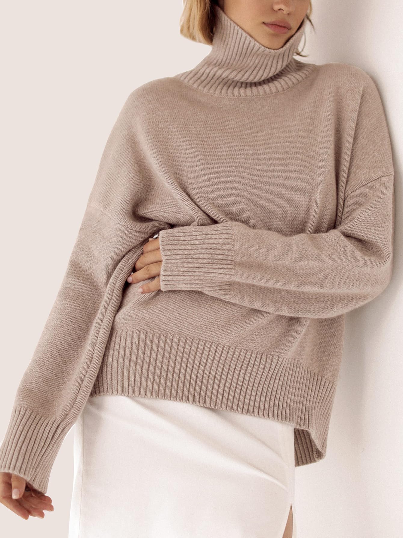 YKR Maglione da donna a collo alto grosso a maniche lunghe lavorato a maglia con orlo basso alla moda 2025 autunno inverno maglione basic