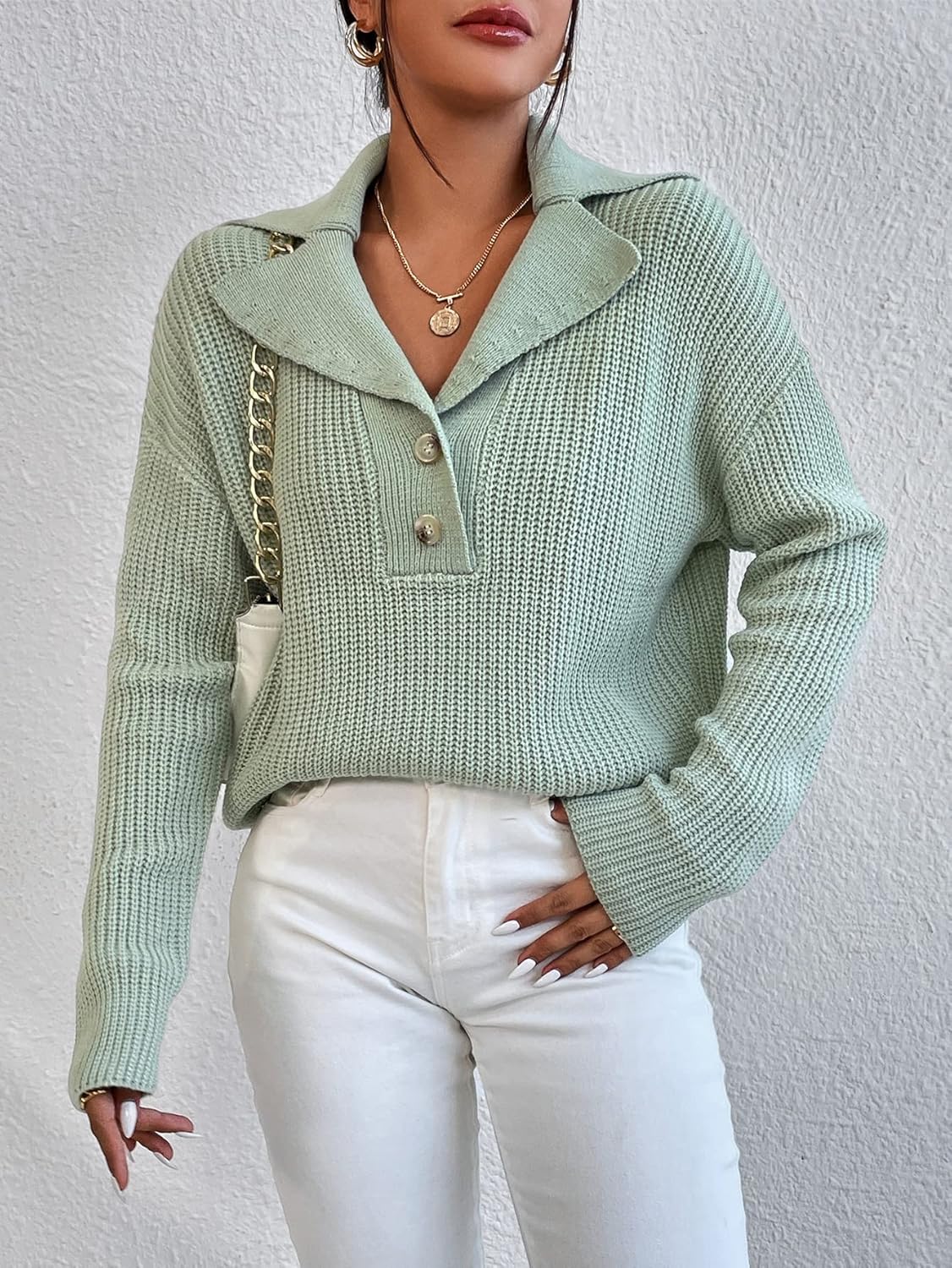 Women's Sweater Lapel Neck Drop Shoulder Sweater Sweater for Women (Color : Mint Green, Size : Medium)