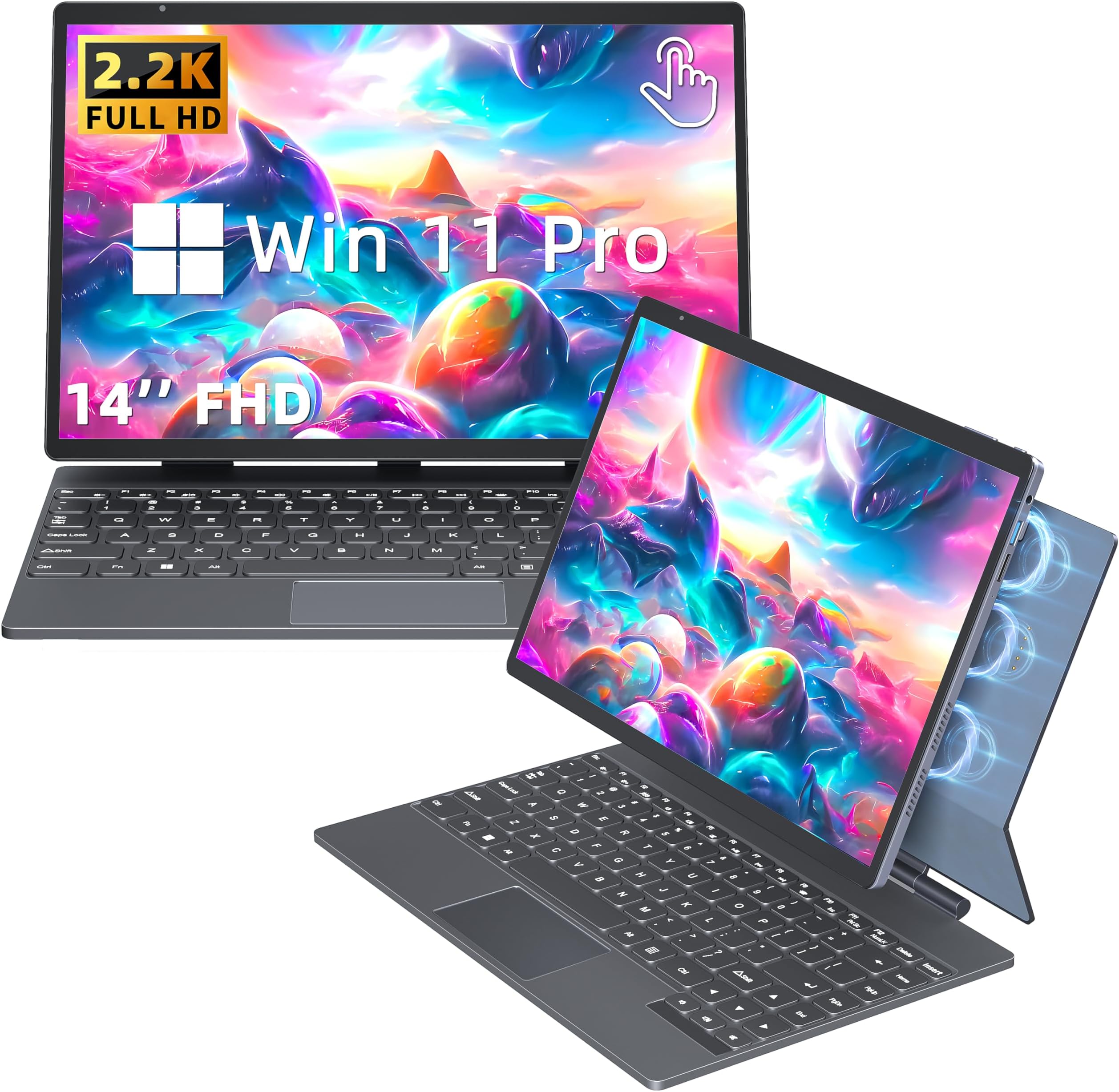2-in-1 Laptop, 14" 2.2K (2240x1440) Touchscreen, Alder Lake-N95 Processor, 16GB DDR4 RAM, 1TB SSD, Detachable Magnetic Keyboard, Win 11 Pro, USB-C, Webcam, for Business & Student Use
