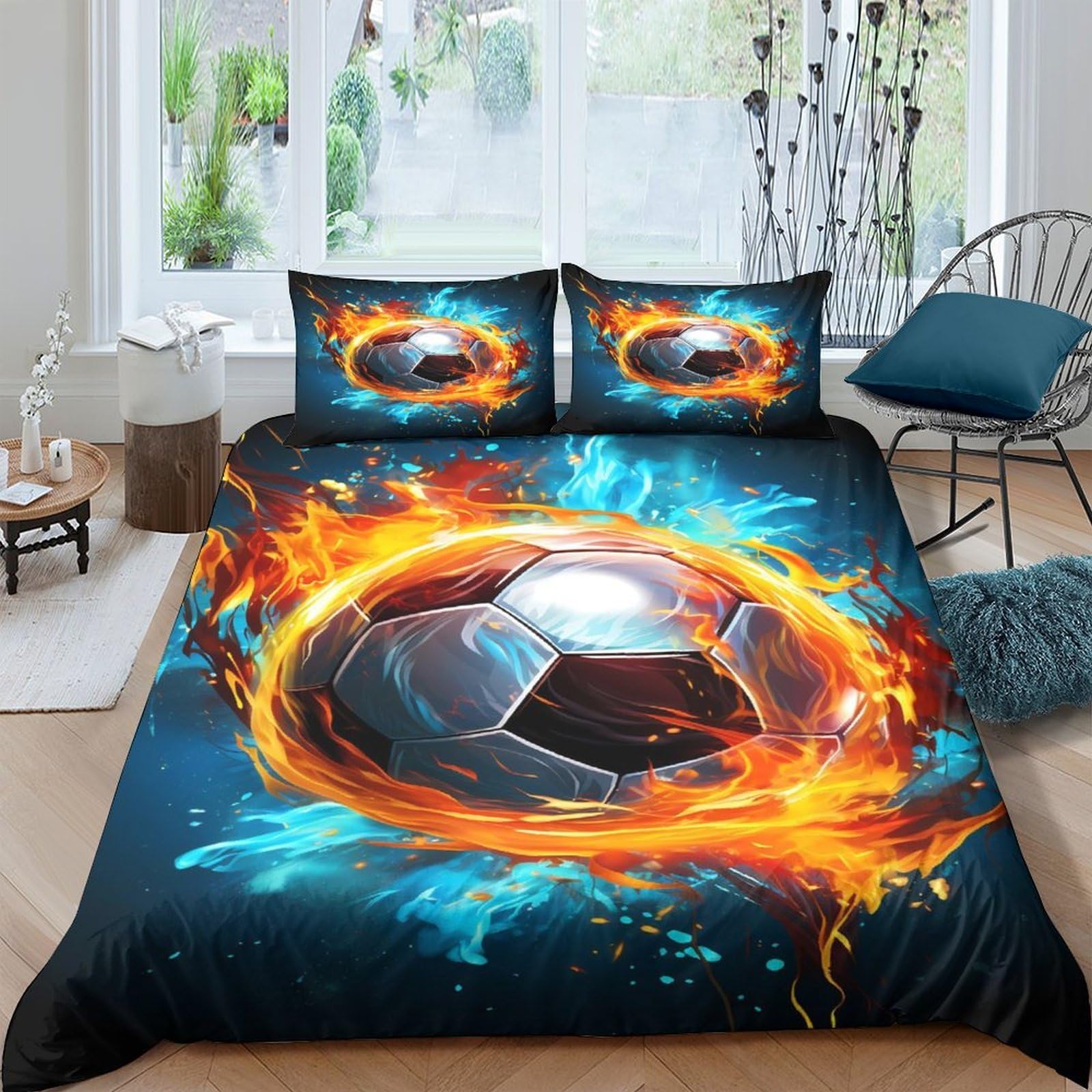 Ctjqhvkz Style-8 3D Printed Fire Soccer Fitted Sheet Microfiber Soft Blue Flame Bed Cover For Bedroom Guest Room Decor Mattress Protection Single（135X200cm）
