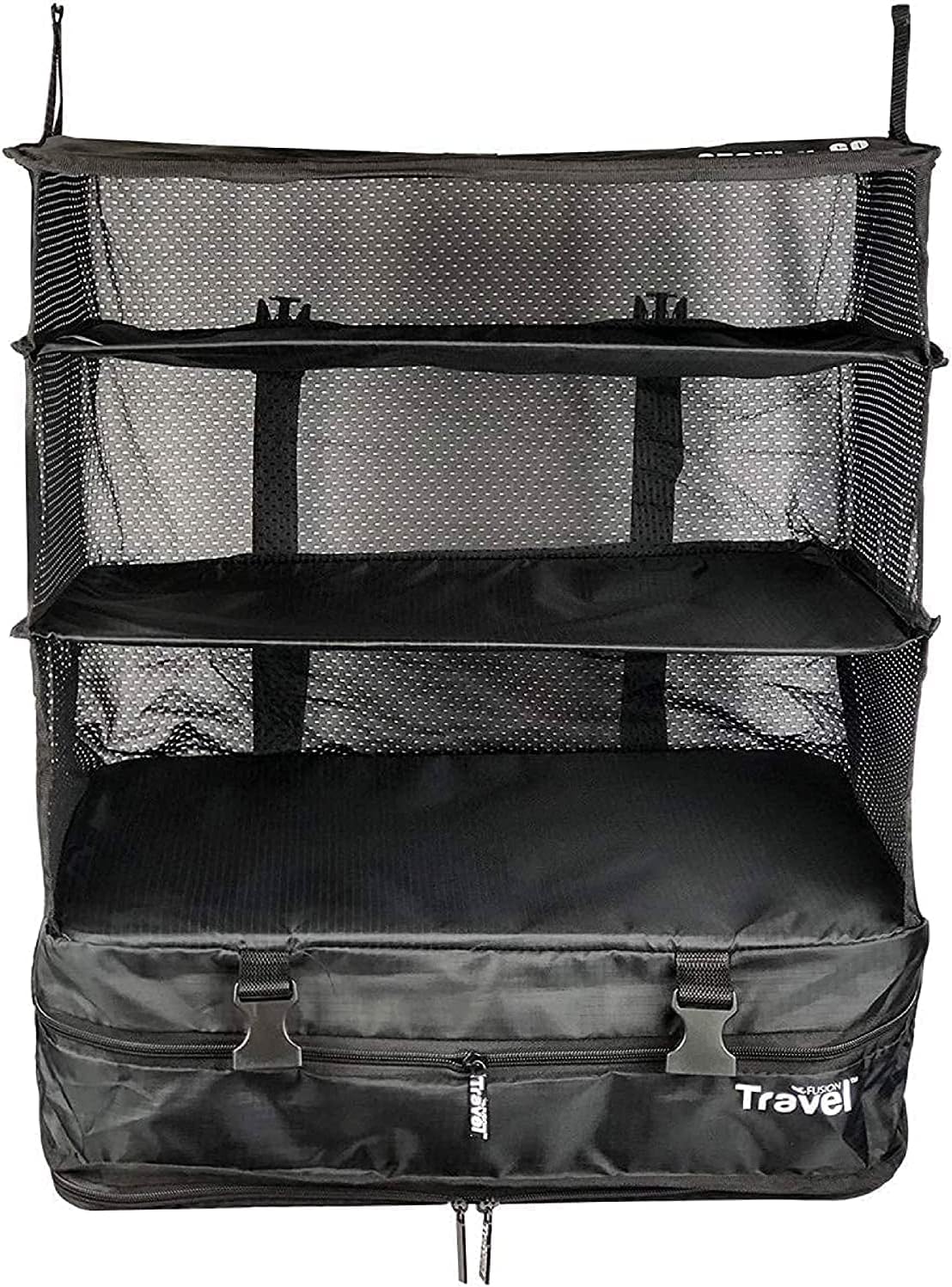 Grand FusionGrand Fusion Stow-N-Go Portable Hanging Travel Shelves, Packing Organizer for Luggage. Carry on Closet for Clothes. Expandable Packing Cube. Travel Essentials. Black - XL