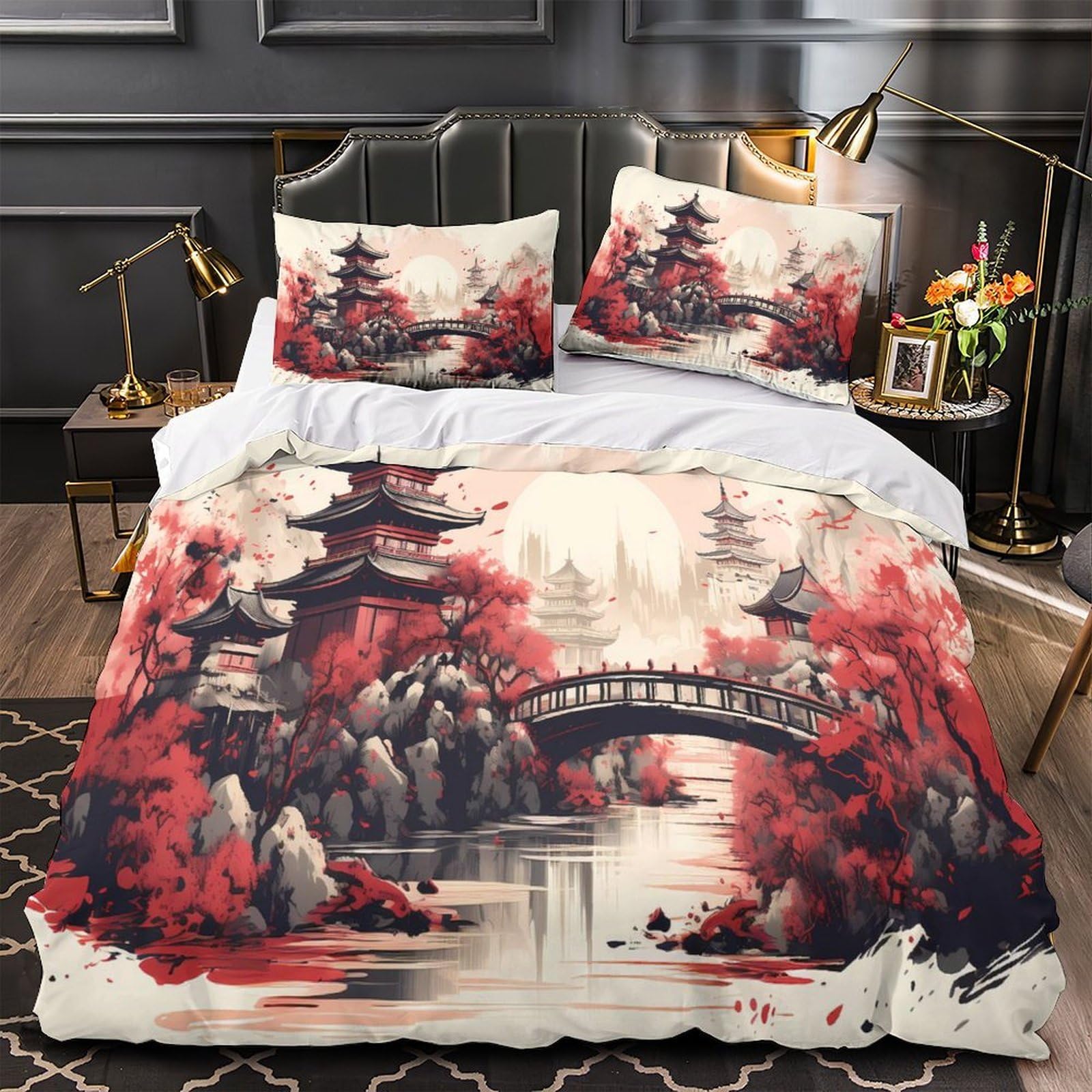 Parure de lit 140x200 temple asiatique microfibre ultra douce 3D