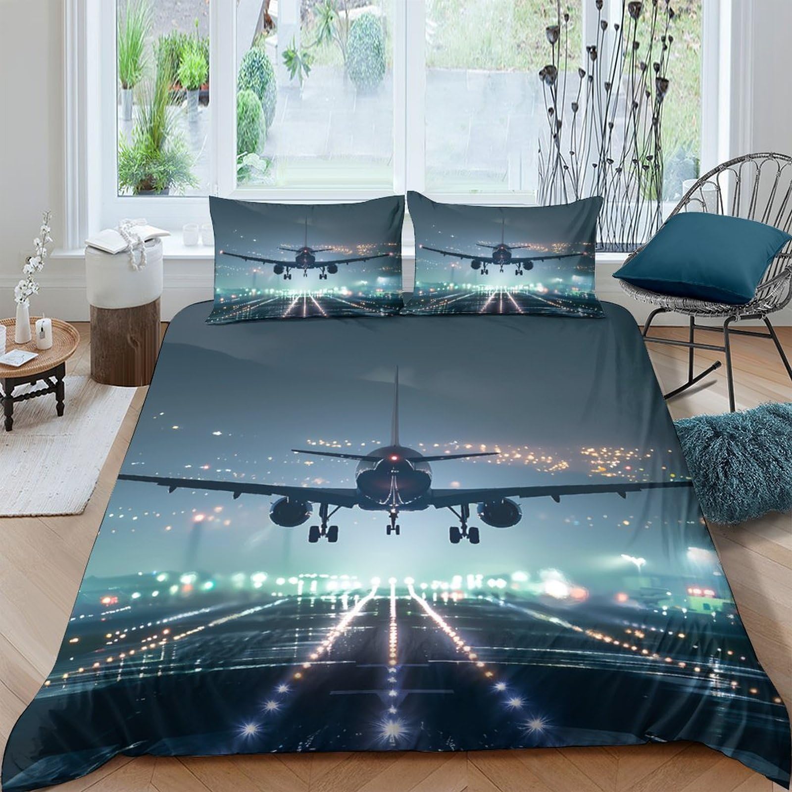 Ctjqhvkz Style-9 3D Printed Night Runway Fitted Sheet Microfiber Soft Airplane Landing Bed Cover For Bedroom Dorm Mattress Decor Single（135X200cm）