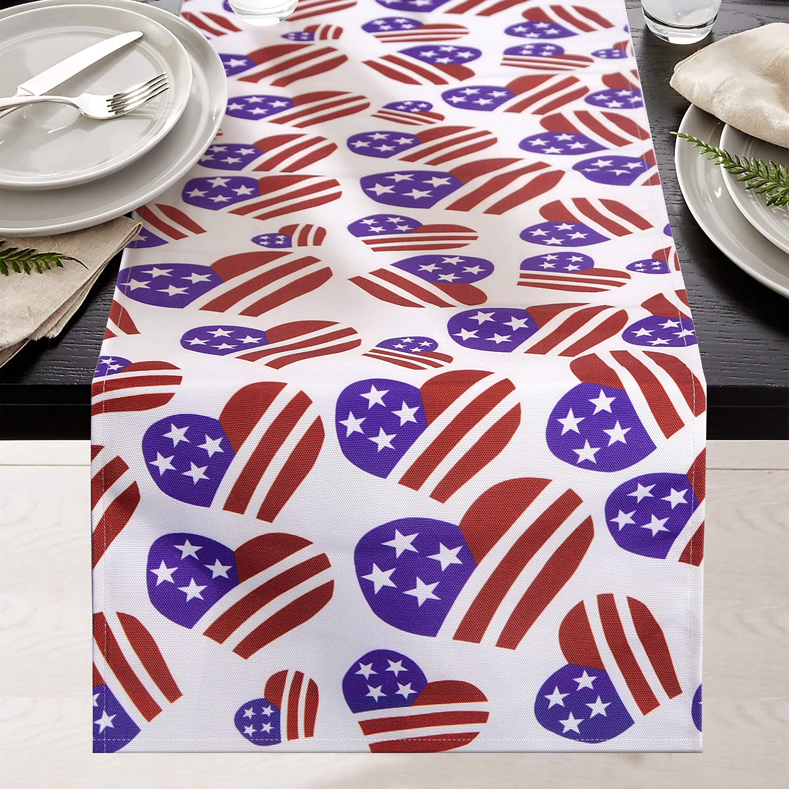 tiosggd 4th of July Table Runner American Flag Memorial Day Patriotic Tablecloth 72 Inch Long USA Flag Heart Table Decor