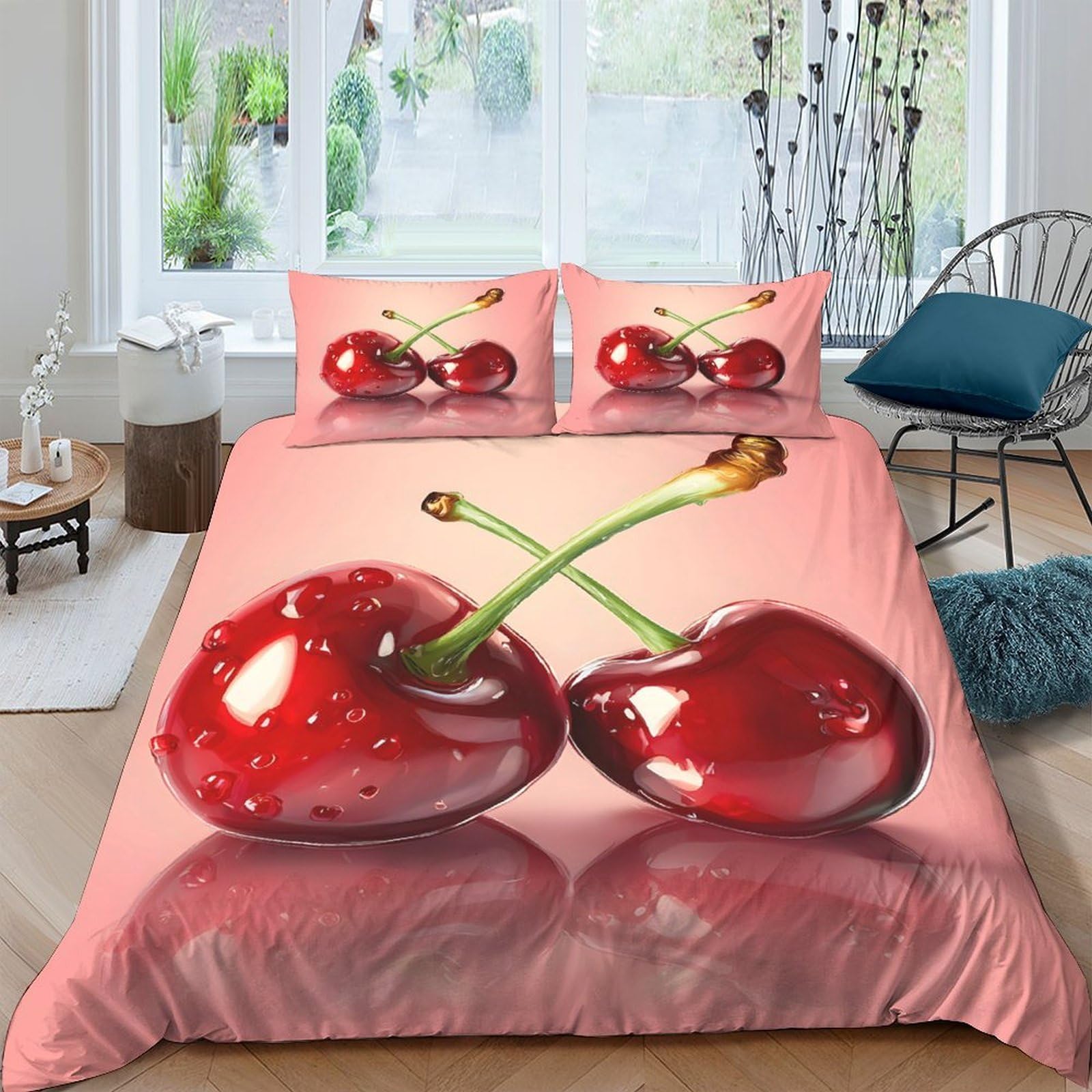 Ctjqhvkz Style-1 3D Printed Cherry Red Fitted Sheet Microfiber Soft Decorative Fruit Bed Cover For Bedroom Dorm Mattress Protection Single（135X200cm）
