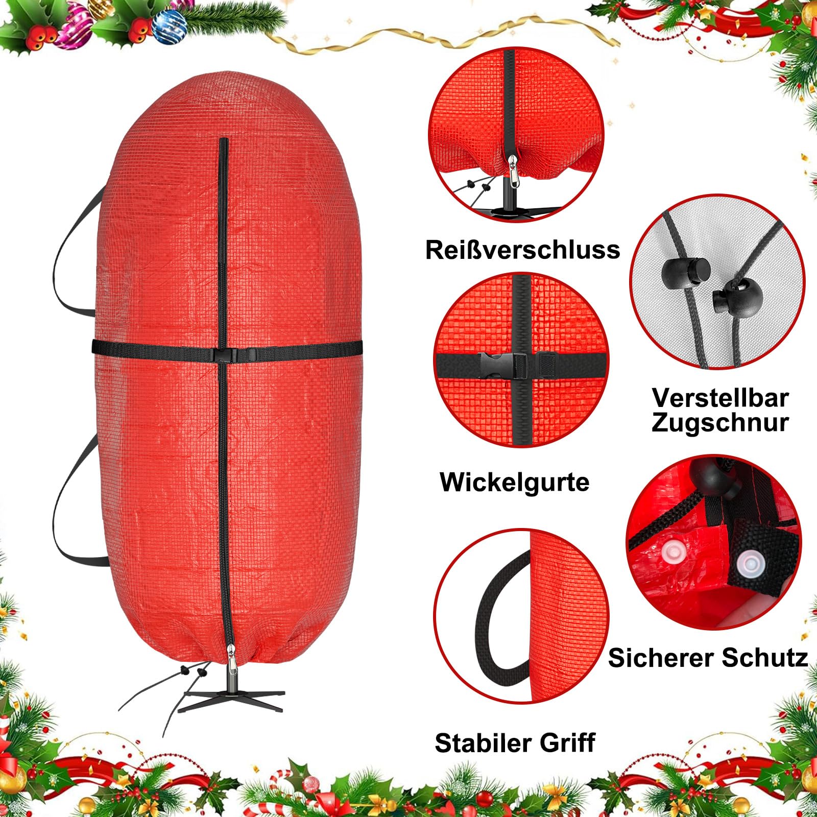 Aufrechte Christbaum-Tasche 230 cm für die platzsparende Aufbewahrung Ihres geschmückten künstlichen Baums. Aus reißfestem PE-Material, wasser- & staubdicht, mit verstellbaren Tragegurten(Rot)