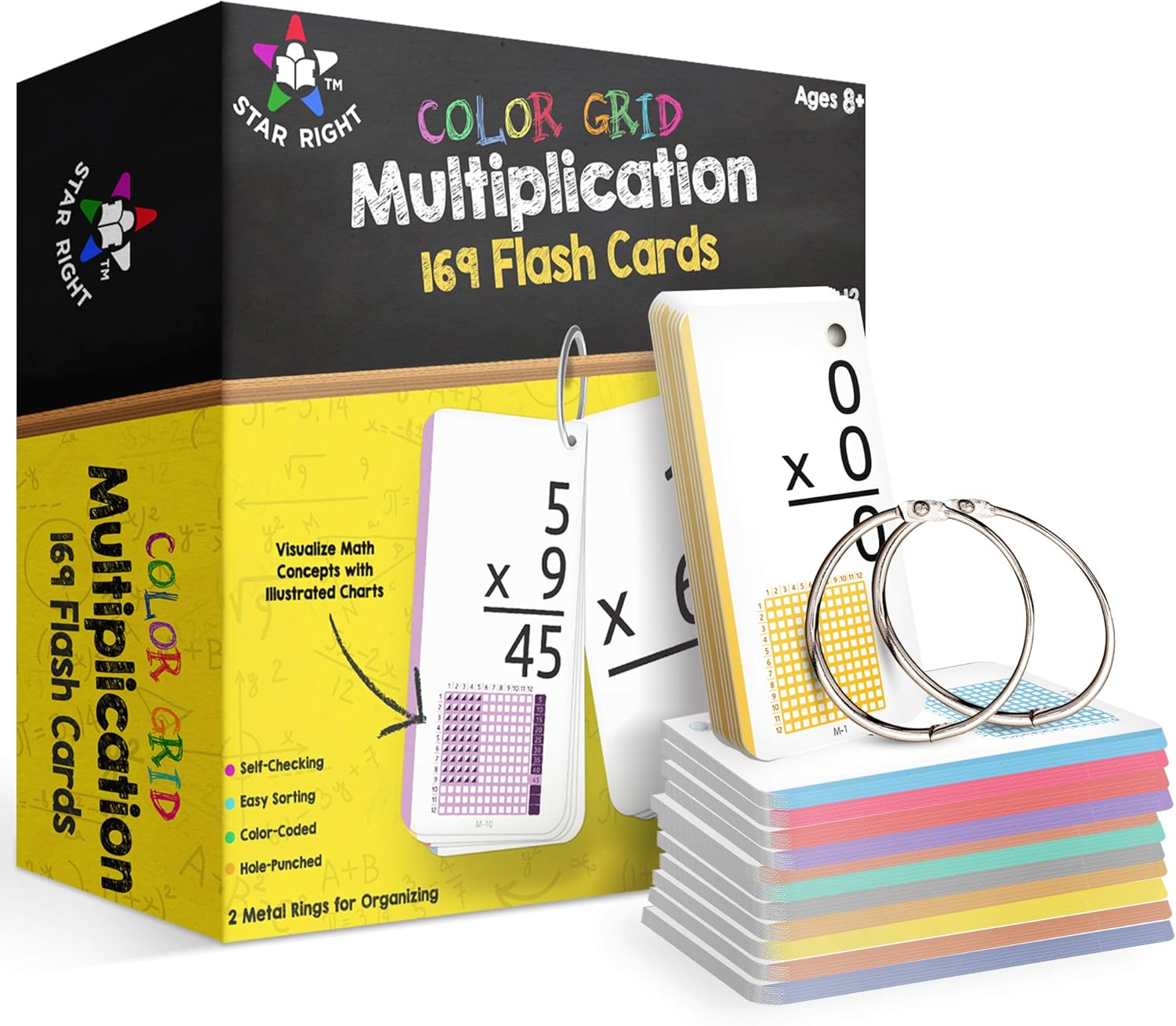 Star Right Color Grid Multiplication Flash Cards Pack – 169 Flashcards, 1 Multiplication Chart, 2 Metal Rings – Math Games for Kids 8-12, Flash Cards for Kids Ages 4-8 : Toys & Games