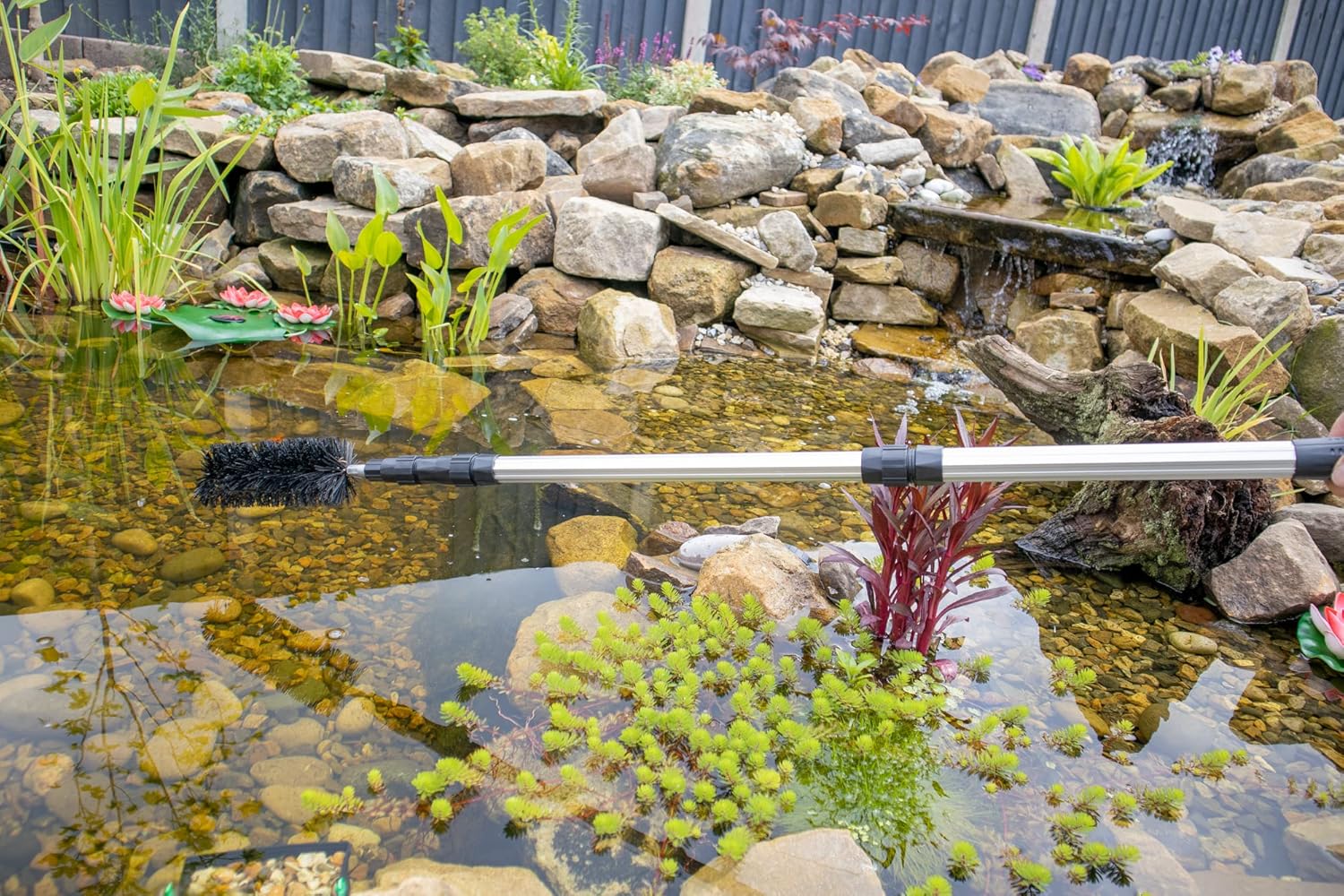 Water Garden Koi Fish Pond Cleaning Brush with 70" (1.7m) Telescopic Pole, Extends for Hard to Reach Areas | Backyard Pond Scrub Brush Durable Nylon Bristles