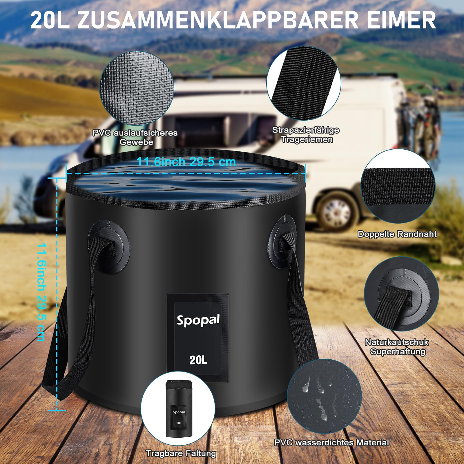 Spopal Campingdusche Tragbare, Campingdusche mit 20L Klappbarer Eimer, 6000mAh Camping Dusche Akku, Camping Dusche Outdoor Set mit Duschkopf und 2m Schlauch für Garten, Strand, Autowaschen, Haustier