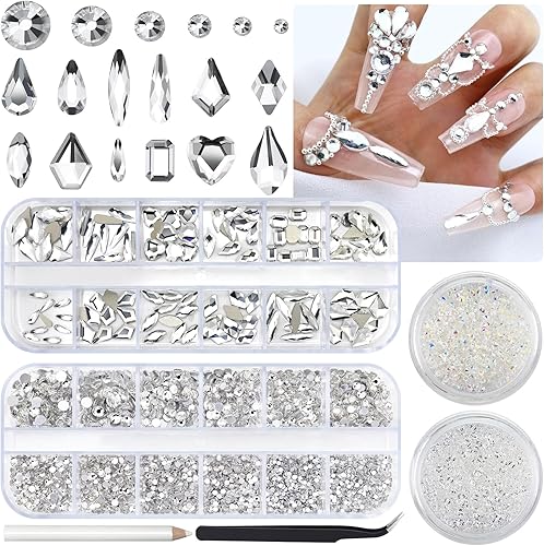 Briskbloom Juego de 2830 diamantes de imitación para arte de uñas, 120 gemas de diamantes de imitación de cristal multiformas + 2880 diamantes de