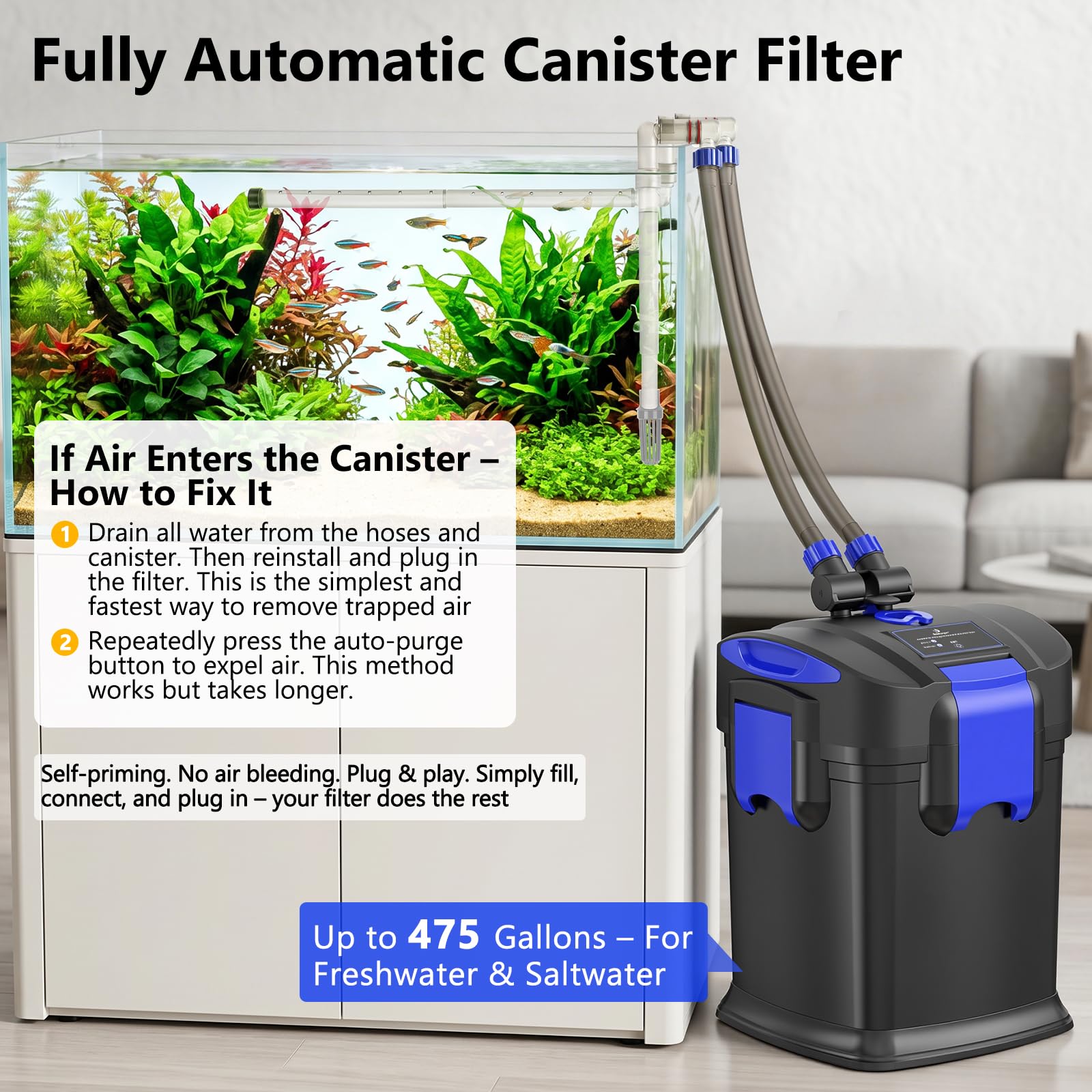 fishkeeper Filtres à bidon, filtre externe auto-amorçant, 475 GPH pour aquarium | Filtration en 3 étapes de 35 W et cartouche ultra silencieuse de 1800 l/h pour réservoirs d'eau douce et d'eau salée