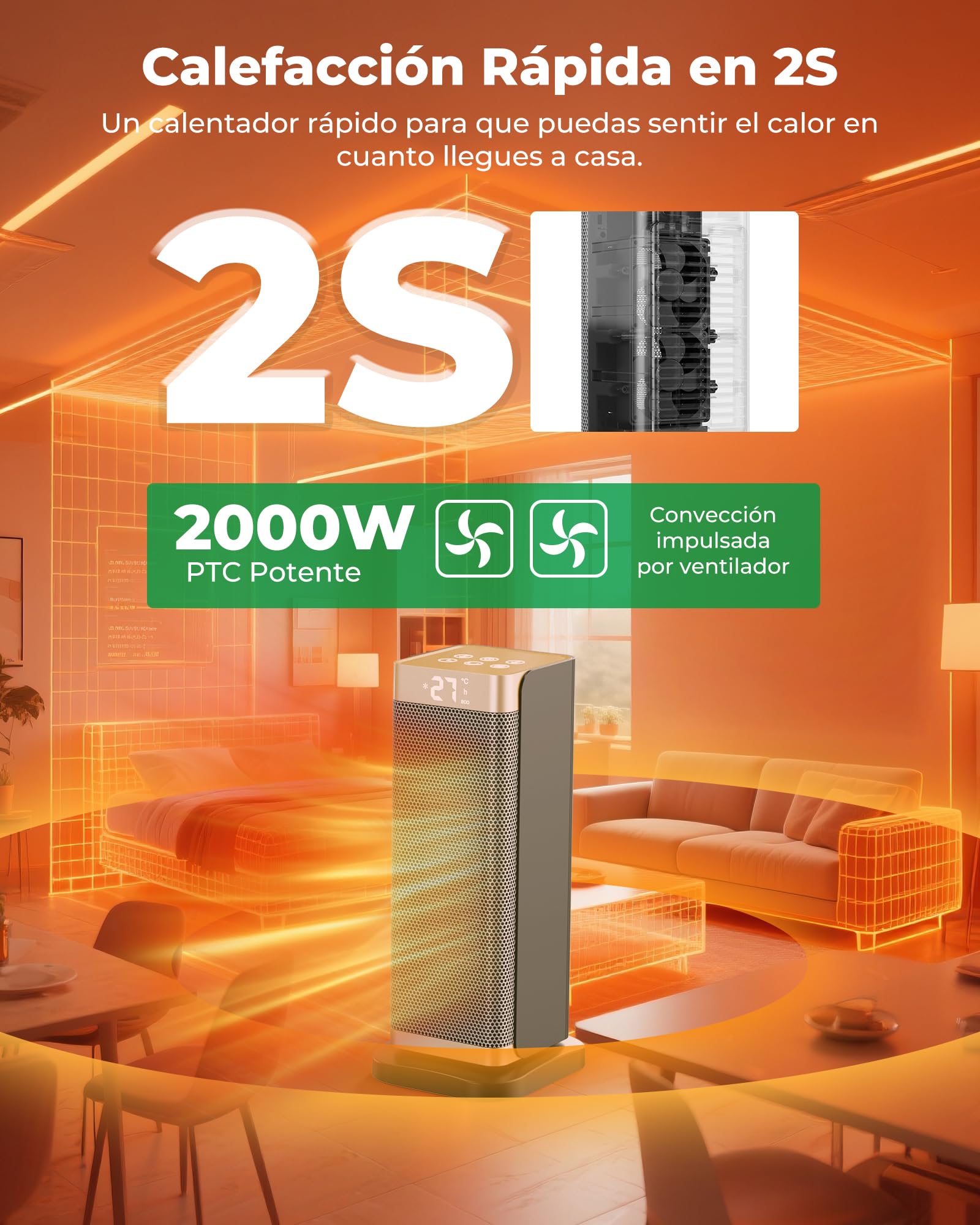 Calefactor Bajo Consumo - 2000W PTC Calefactor Baño,3 Modos,70° Oscilación,Temporizador 12h,Modo ECO,Control Remoto,Protección contra Sobrecalentamiento/Vuelco,Calentador Bajo Ruido