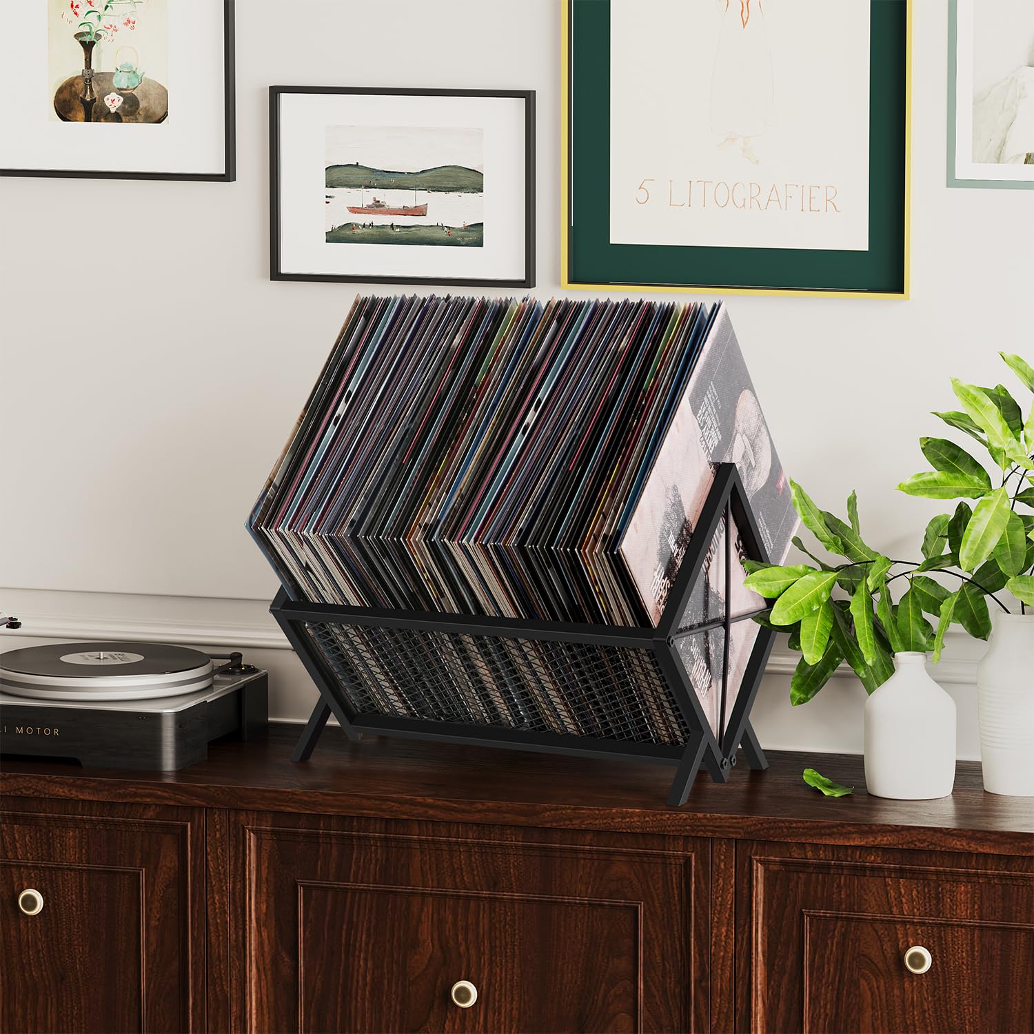 YINMIT Soporte de almacenamiento de discos de vinilo, organizador de vinilo de 80-100 LP, estante de almacenamiento de álbumes, estantes de exhibición de discos de vinilo de metal, soporte de álbum de
