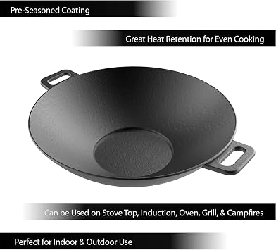Cast Iron Wok-14 Pre-Seasoned, Flat Bottom Cookware with Handles-Compatible with Stovetop, Oven, Induction, Grill, or Campfire by Classic Cuisine, (82-KIT1088)
