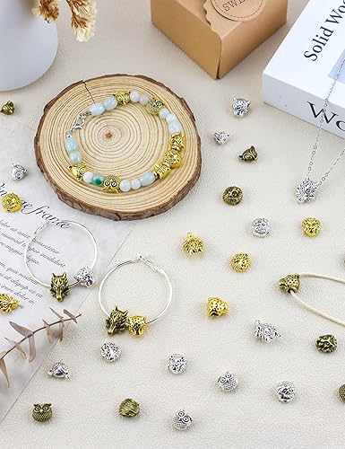 Miniatura 5 de JIALEEY Cuentas espaciadoras sueltas tibetanas de animales, cuentas espaciadoras mixtas de león, zorro, búho, leopardo, se ajustan al encanto