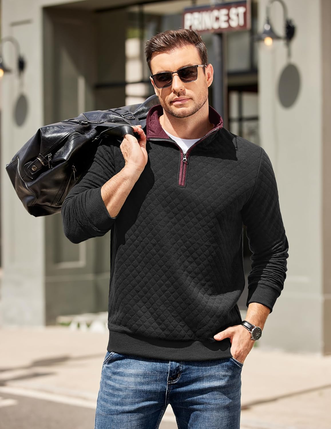COOFANDY Mens Quarter Zip Pullover Mock Neck Quilted Sweatshirt Casual Long Sleeve Polo Sweater - Image 4
