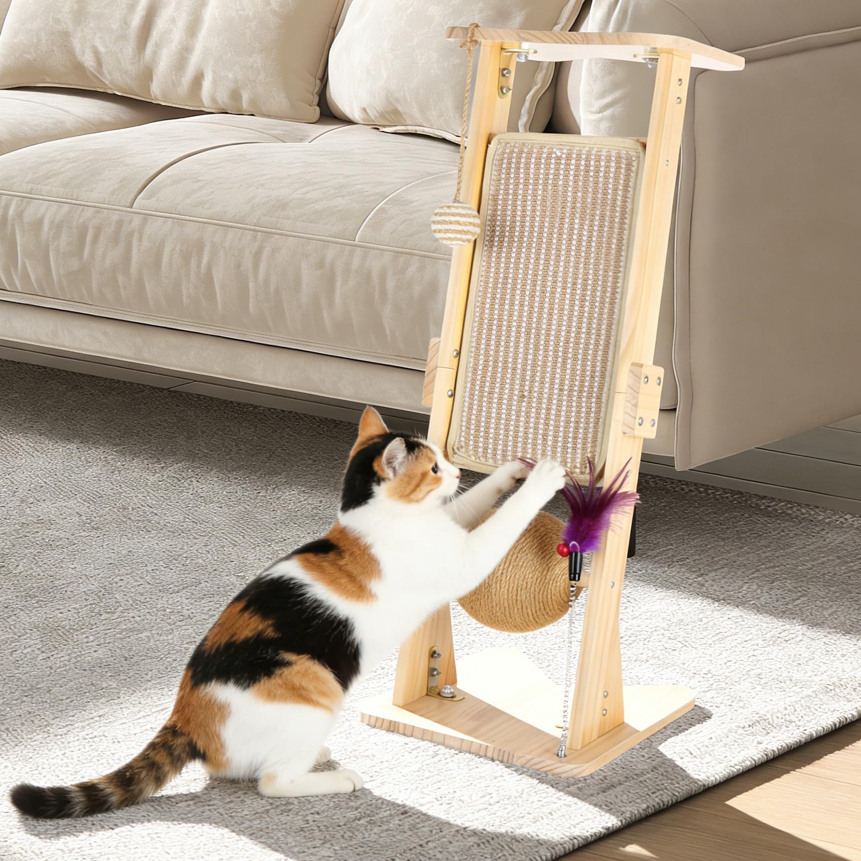 Kratzbrett Katzen, L-förmiger Sisal Kratzsäule, 70 cm Hohe Natürliche Sisal-Kratzsäule mit Ball für alle Katzen Spielen, Entspannen, Kratzbrett Katze aus Massivholz für Schutz von Möbeln und Sofas