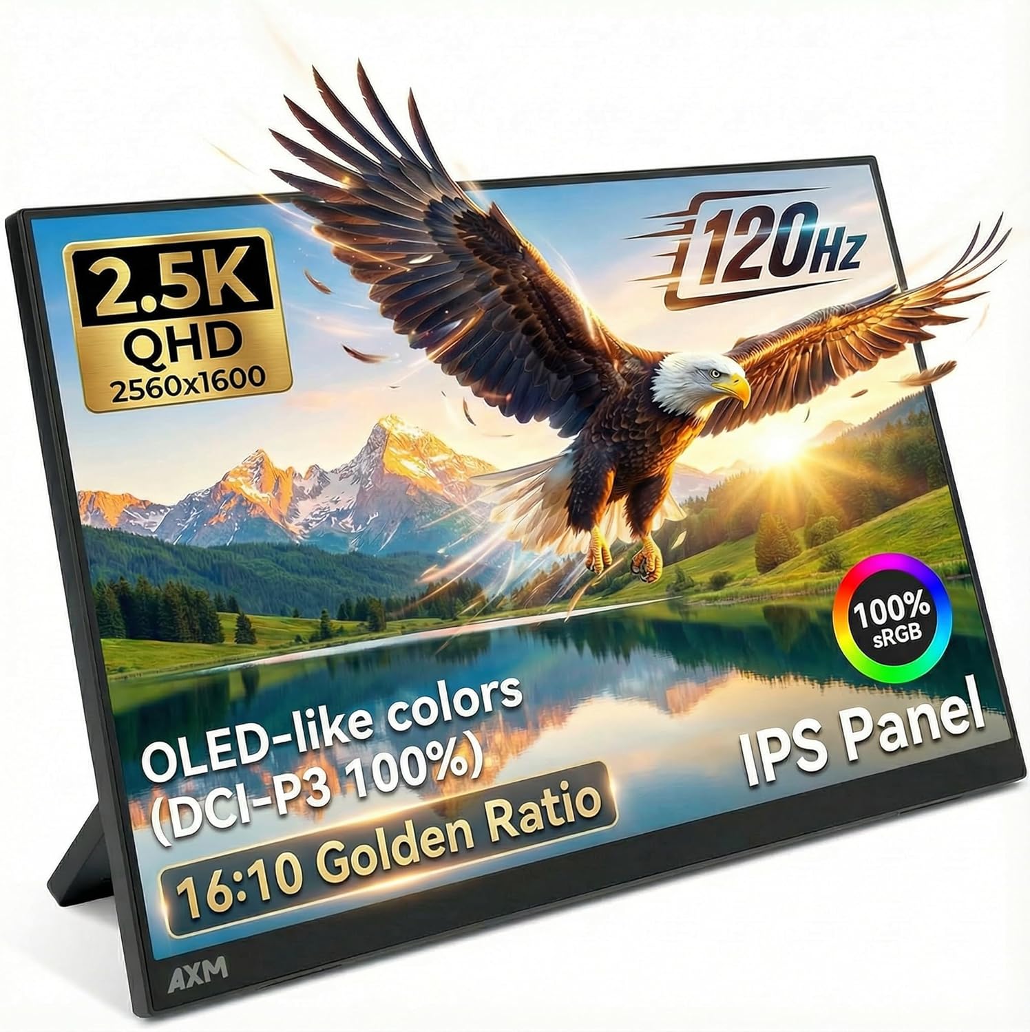 AXM 16" 2.5K Portable Monitor 2.5k QHD IPS 120Hz Adaptive Sync HDR Flicker-Free 400 Nits 100% DCI-P3 USB-C HDMI Gaming & Travel for Laptop Compatible with Windows, MacBook, Phone, Switch, Xbox PS4/5