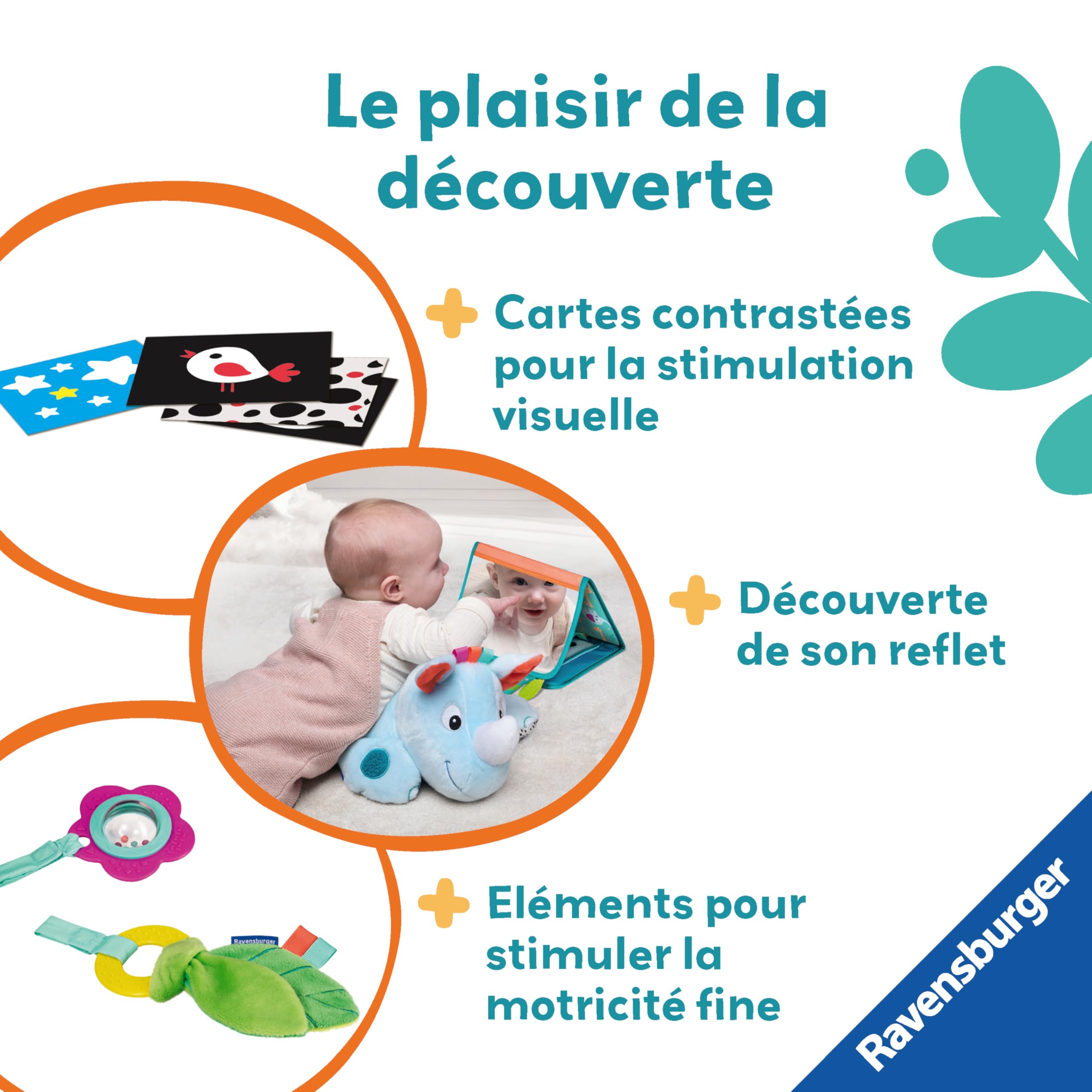 Ravensburger Play+, cuscino sportivo 3 in 1 a forma di Rhinoceros, ideale per allenare bambini da 0 a 6 mesi, giocattolo per imparare la prima infanzia e peluche per attività legate al parto, 34010