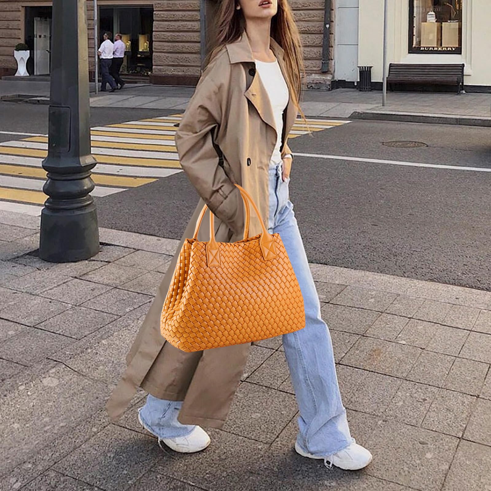 Woven Tote Bag for Women Retro Handwoven Shoulder Travel Handbag Large Capacity Vegan Leather Hobo Bags with Purse (Orange)