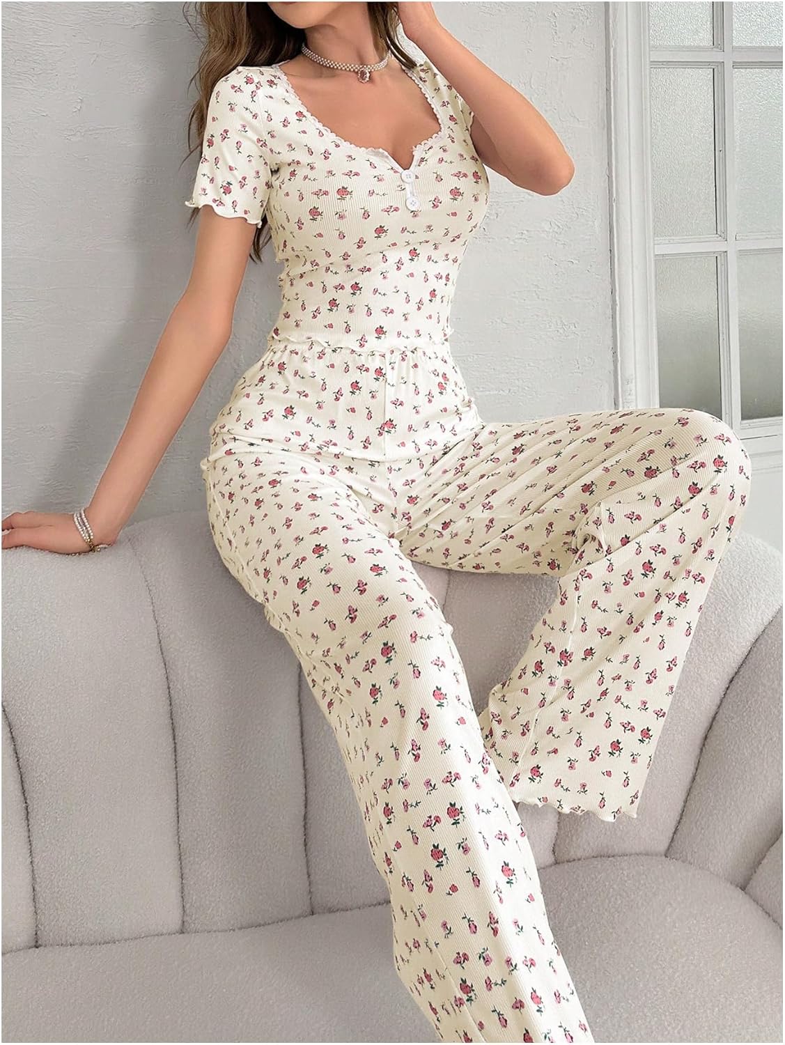 OYOANGLE Womens 2 Piece Cute Pajama Set Short Sleeve Floral Print Lace Patchwork Sleepwear - Image 4