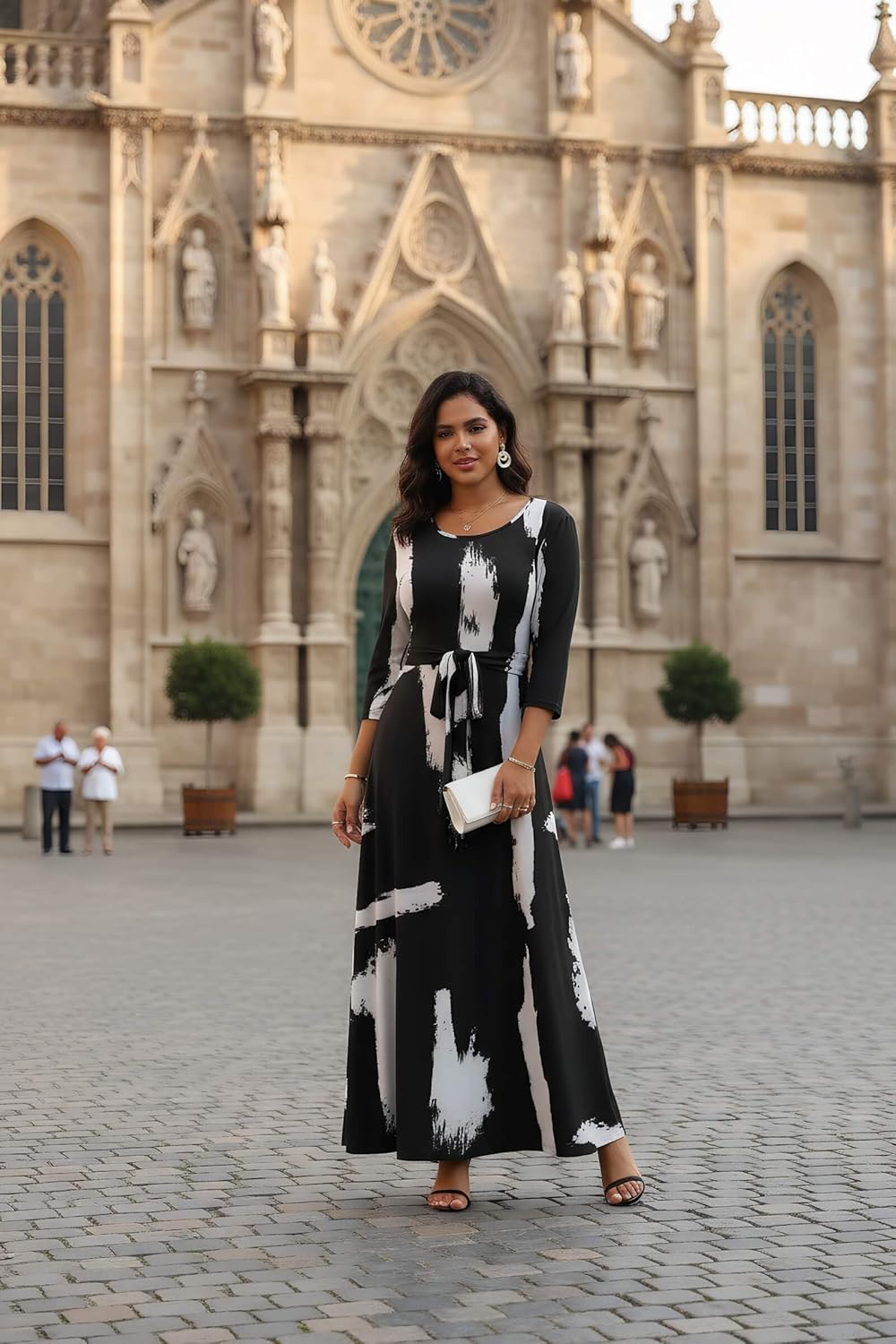 FANDEE Maxi Dress for Women 2026, Long Casual Empire Waist Dresses 3/4 Sleeve Round Neck with Belt - Image 2