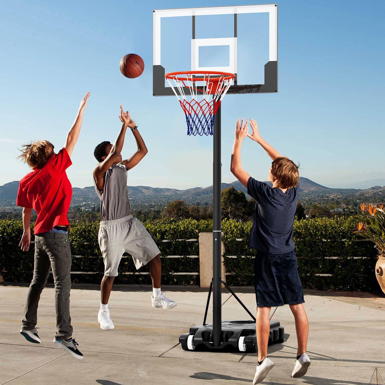 COSTWAY Canestro da Basket Esterno ed Interno Regolabile 100 cm-212 cm, Canestro da Basket per Bambini/Adolescenti Portatile con Tabellone in PC, Base Riempibile e Ruote