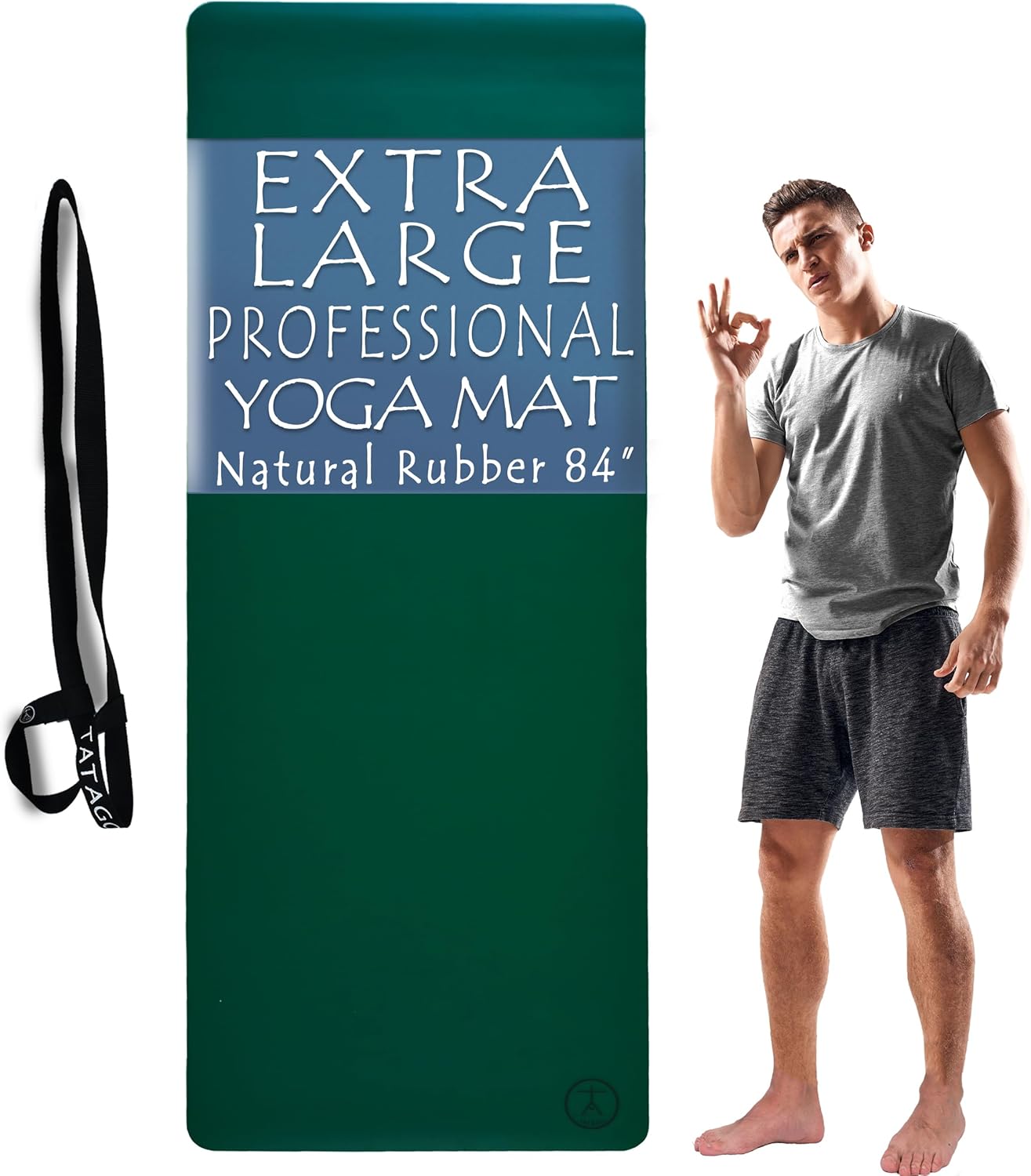 Tatago Hot Yoga Mat Non Slip-Professional Grade Natural Rubber Yoga Mat, Pliates Mat, Stretching Mat or exercise mats for home workout. Nonslip for Hot and Sweaty Classes. Includes Yoga Strap for Carrying and Stretching too. Ezmeraldo 84 Inch