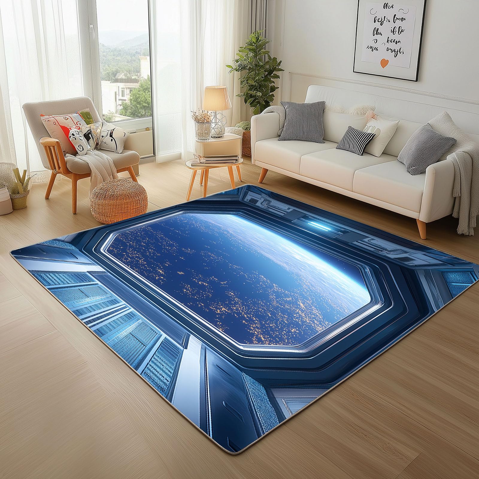 Tapis salon 160 x 230 cm espace planète terre lavable et antidérapant